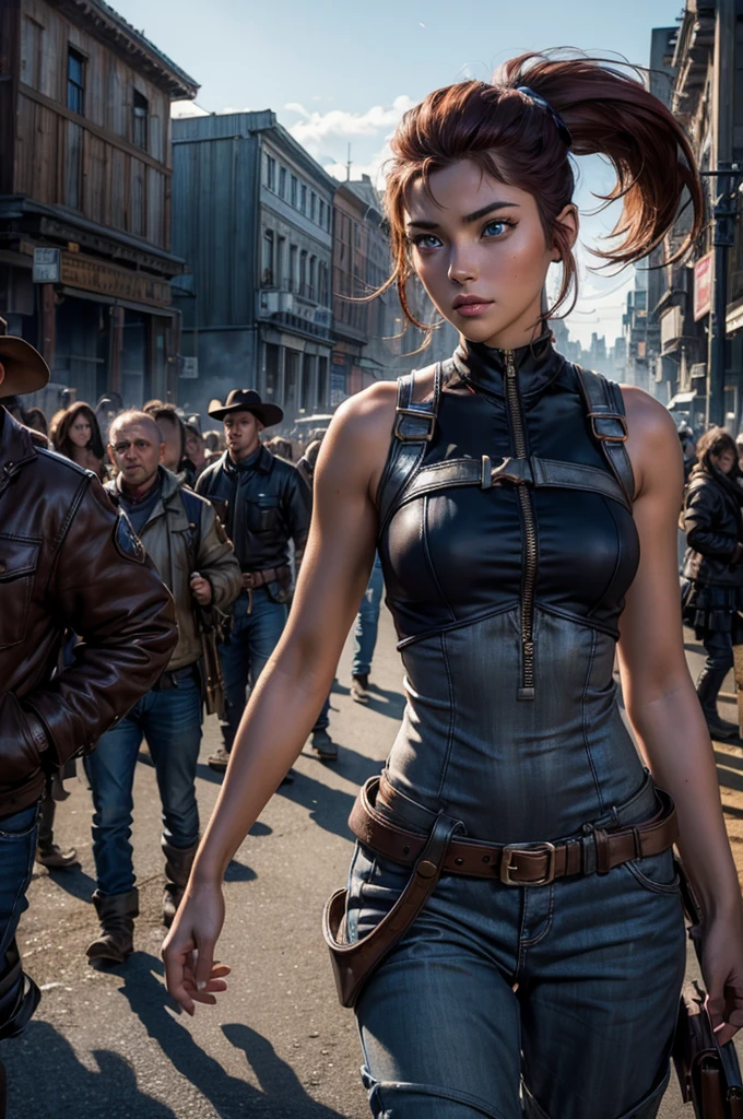 
iliaamitola, ilia amitola, long hair, blue eyes, brown hair, ponytail, dark skin, dark-skinned female, BREAK bare shoulders, bodysuit, BREAK standing on old suspension bridge, river, post-apocalypse, dystopian future, crowd, (crowd in military uniforms), bonfires, (volumetric lighting), best quality, masterpiece, intricate details, tonemapping, sharp focus, hyper detailed, BREAK looking at viewer, (cowboy shot:1.5), BREAK (masterpiece:1.2), best quality, high resolution, unity 8k wallpaper, (illustration:0.8), (beautiful detailed eyes:1.6), extremely detailed face, perfect lighting, extremely detailed CG, (perfect hands, perfect anatomy), (masterpiece,stunning girlfriend, (standing:1.1), dynamic pose, heart shaped face, elegant face, beautiful face, highly detailed face, highly detailed skin, skin pores, subsurface scattering, realistic pupils, looking at viewer, full lips, detailed background, depth of field, atmospheric perspective, volumetric lighting, sharp focus, absurdres, realistic proportions, good anatomy, (realistic, hyperrealistic:1.4), 16k hdr,  
