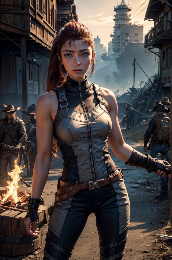 
iliaamitola, ilia amitola, long hair, blue eyes, brown hair, ponytail, dark skin, dark-skinned female, BREAK bare shoulders, bodysuit, BREAK standing on old suspension bridge, river, post-apocalypse, dystopian future, crowd, (crowd in military uniforms), bonfires, (volumetric lighting), best quality, masterpiece, intricate details, tonemapping, sharp focus, hyper detailed, BREAK looking at viewer, (cowboy shot:1.5), BREAK (masterpiece:1.2), best quality, high resolution, unity 8k wallpaper, (illustration:0.8), (beautiful detailed eyes:1.6), extremely detailed face, perfect lighting, extremely detailed CG, (perfect hands, perfect anatomy), (masterpiece,stunning girlfriend, (standing:1.1), dynamic pose, heart shaped face, elegant face, beautiful face, highly detailed face, highly detailed skin, skin pores, subsurface scattering, realistic pupils, looking at viewer, full lips, detailed background, depth of field, atmospheric perspective, volumetric lighting, sharp focus, absurdres, realistic proportions, good anatomy, (realistic, hyperrealistic:1.4), 16k hdr,  
