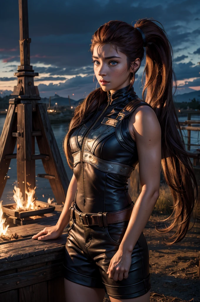
iliaamitola, ilia amitola, long hair, blue eyes, brown hair, ponytail, dark skin, dark-skinned female, BREAK bare shoulders, bodysuit, BREAK standing on old suspension bridge, river, post-apocalypse, dystopian future, crowd, (crowd in military uniforms), bonfires, (volumetric lighting), best quality, masterpiece, intricate details, tonemapping, sharp focus, hyper detailed, BREAK looking at viewer, (cowboy shot:1.5), BREAK (masterpiece:1.2), best quality, high resolution, unity 8k wallpaper, (illustration:0.8), (beautiful detailed eyes:1.6), extremely detailed face, perfect lighting, extremely detailed CG, (perfect hands, perfect anatomy), (masterpiece,stunning girlfriend, (standing:1.1), dynamic pose, heart shaped face, elegant face, beautiful face, highly detailed face, highly detailed skin, skin pores, subsurface scattering, realistic pupils, looking at viewer, full lips, detailed background, depth of field, atmospheric perspective, volumetric lighting, sharp focus, absurdres, realistic proportions, good anatomy, (realistic, hyperrealistic:1.4), 16k hdr,  
