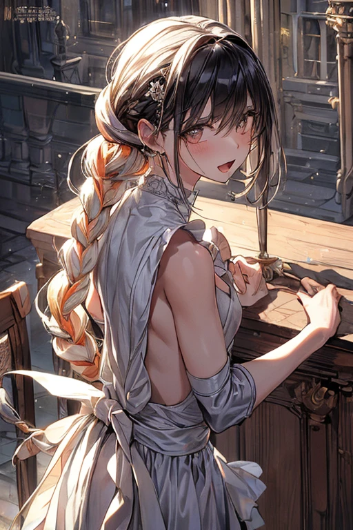 (from above:1.2),(from side:0.9),(A masterpiece of image quality in 8K),(Beautiful Allafed Woman),(((emphasizing breasts:1.1))),(Dynamic angles),(Dynamic and sexy bending pose:1.3),(sit a chair:1.1),(Short hair in shiny silver and orange inner colors,small full breasts,Disturbance of clothing due to movement,breast slip,(Ponytail twisted buns adorned with elaborate braids and beads,Braided Setup Fishbone Hair,),(see-through bangs),(perky chest:1.1), (pointed chest:1.3), small breasts、(((A white lace apron that shows your bare skin from under your small breasts)))、Blush with embarrassment、Enraptured eyes、A smile that beguiles the viewer、(Look back:1.7)、Look into the photographer,skin glistening with sweat,gazing at viewer,,(Professional Lighting),(8K,masutepiece,top-quality,Ultra-high resolution output image,),(Ultra HD with complex detail image modes),depth of fields,Beautiful hands,Beautiful fingers,Detailed finger features,(Detailed hair features:1.7),detailed facial features,detailed clothes features, (perky chest:1.1), (pointed chest:1.3), seductive weak smiling,(with sparkling eyes and a contagious smile),little open mouth,
