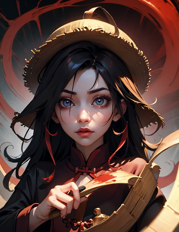 Chinese vampire with a bamboo hat, blood bending, blood powers, one golden eye, Best Quality, Ultra High Resolution, (Realism: 1.4), Depth of Field