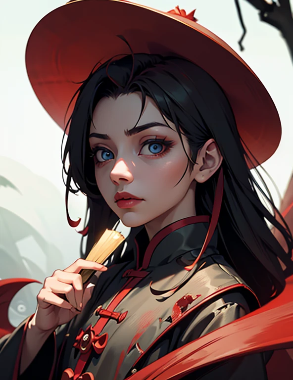 Chinese vampire with a bamboo hat, blood bending, blood powers, one golden eye, Best Quality, Ultra High Resolution, (Realism: 1.4), Depth of Field