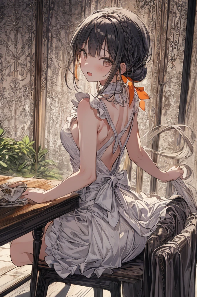 (from above:1.2),(from side:0.9),(A masterpiece of image quality in 8K),(Beautiful Allafed Woman),(((emphasizing breasts:1.1))),(Dynamic angles),(Dynamic and sexy bending pose:1.3),(sit a chair:1.1),(Short hair in shiny silver and orange inner colors,small full breasts,Disturbance of clothing due to movement,breast slip,(Ponytail twisted buns adorned with elaborate braids and beads,Braided Setup Fishbone Hair,),(see-through bangs),(perky chest:1.1), (pointed chest:1.3), small breasts、(((A white lace apron that shows your bare skin from under your small breasts)))、Blush with embarrassment、Enraptured eyes、A smile that beguiles the viewer、(Look back:1.7)、Look into the photographer,skin glistening with sweat,gazing at viewer,,(Professional Lighting),(8K,masutepiece,top-quality,Ultra-high resolution output image,),(Ultra HD with complex detail image modes),depth of fields,Beautiful hands,Beautiful fingers,Detailed finger features,(Detailed hair features:1.7),detailed facial features,detailed clothes features, (perky chest:1.1), (pointed chest:1.3), seductive weak smiling,(with sparkling eyes and a contagious smile),little open mouth,