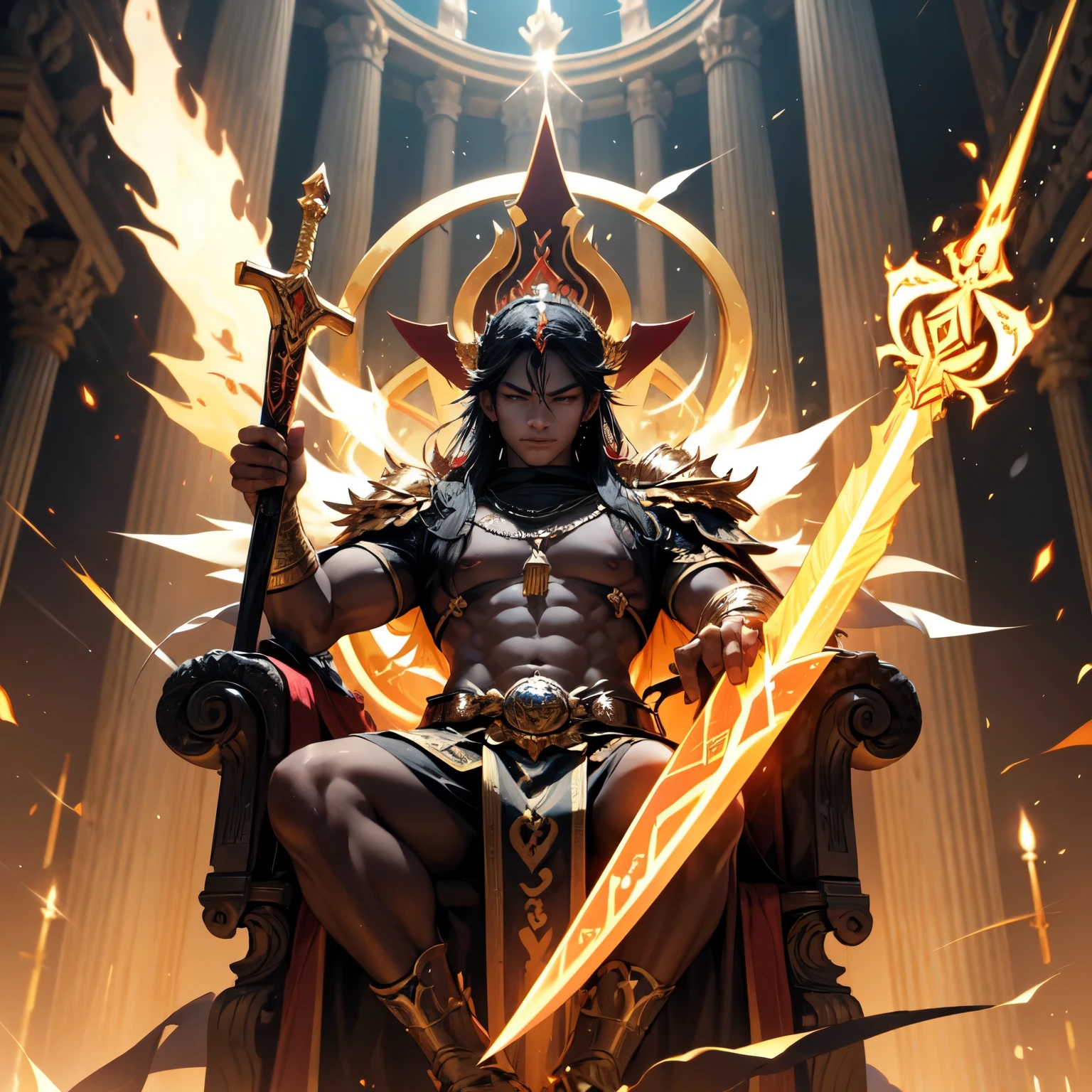 Create an 8K ultra HD digital image of a majestic oni king of flame and fire spirit, com pele vermelha escura e olhos ardentes como brasas. O rei oni tem cabelos de fogo que se movem como chamas vivas. He is clad in infernal armor forged from dark metals and adorned with incandescent stones that glow brightly.. Uma capa de fogo vivo se estende de seus ombros, e ele usa uma coroa de chamas. In the throne hall, o rei oni empunha a Espada de Zeus. The sword is made of celestial gold and emits golden rays, with divine inscriptions along the blade that shine brightly. The hilt of the sword is adorned with small rays and lightning., simbolizando seu poder supremo. Ele segura a espada em uma pose de comando, ready to exercise your dominance, while electric sparks dance around you. The Sword of Zeus is known for its ability to control thunder and lightning, e uma aura de poder divino emana dela. The throne hall is grand, with black stone pillars and silk tapestries depicting legendary battles. Tochas de fogo eterno iluminam o ambiente com uma luz quente e tremeluzente. The throne is an imposing seat carved from obsidian and adorned with shining rubies.. The image should capture the authority and power of the throne room, highlighting the interaction of the oni king with the Sword of Zeus.