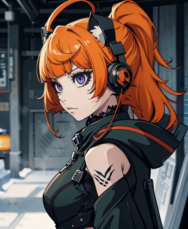 1 girl, upper body portrait, squat, looking at viewer,  from side, contrapposto, very long sleeves,dsfutaba, ((orange hair, green parka, bare shoulders,big alien cat ear headphones,cheerful expression)) long hair, blunt bangs, ahoge, purple eyes, glasses, Goth_punk, punk, emo, goth, intricate black accessories, black piercings, midriff, leggings, combat boots, black piercings, hair accessories, intricate tattoos, stoic, stark, sharp contrast, hand to mouth, finger to mouth, shushing, shushing motion,, Masterpiece, high quality, 8k, sharp focus, beautiful, perfect lighting, beautiful eyes, anatomically correct, anatomically correct face, extremely detailed eyes, RAW image, smooth edges, beautiful face, symmetrical eyes, symmetrical face