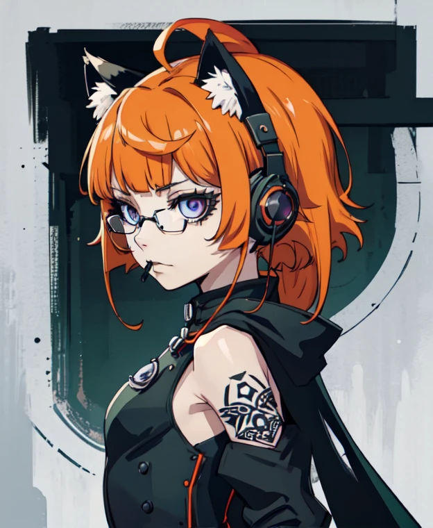 1 girl, upper body portrait, squat, looking at viewer,  from side, contrapposto, very long sleeves,dsfutaba, ((orange hair, green parka, bare shoulders,big alien cat ear headphones,cheerful expression)) long hair, blunt bangs, ahoge, purple eyes, glasses, Goth_punk, punk, emo, goth, intricate black accessories, black piercings, midriff, leggings, combat boots, black piercings, hair accessories, intricate tattoos, stoic, stark, sharp contrast, hand to mouth, finger to mouth, shushing, shushing motion,, Masterpiece, high quality, 8k, sharp focus, beautiful, perfect lighting, beautiful eyes, anatomically correct, anatomically correct face, extremely detailed eyes, RAW image, smooth edges, beautiful face, symmetrical eyes, symmetrical face