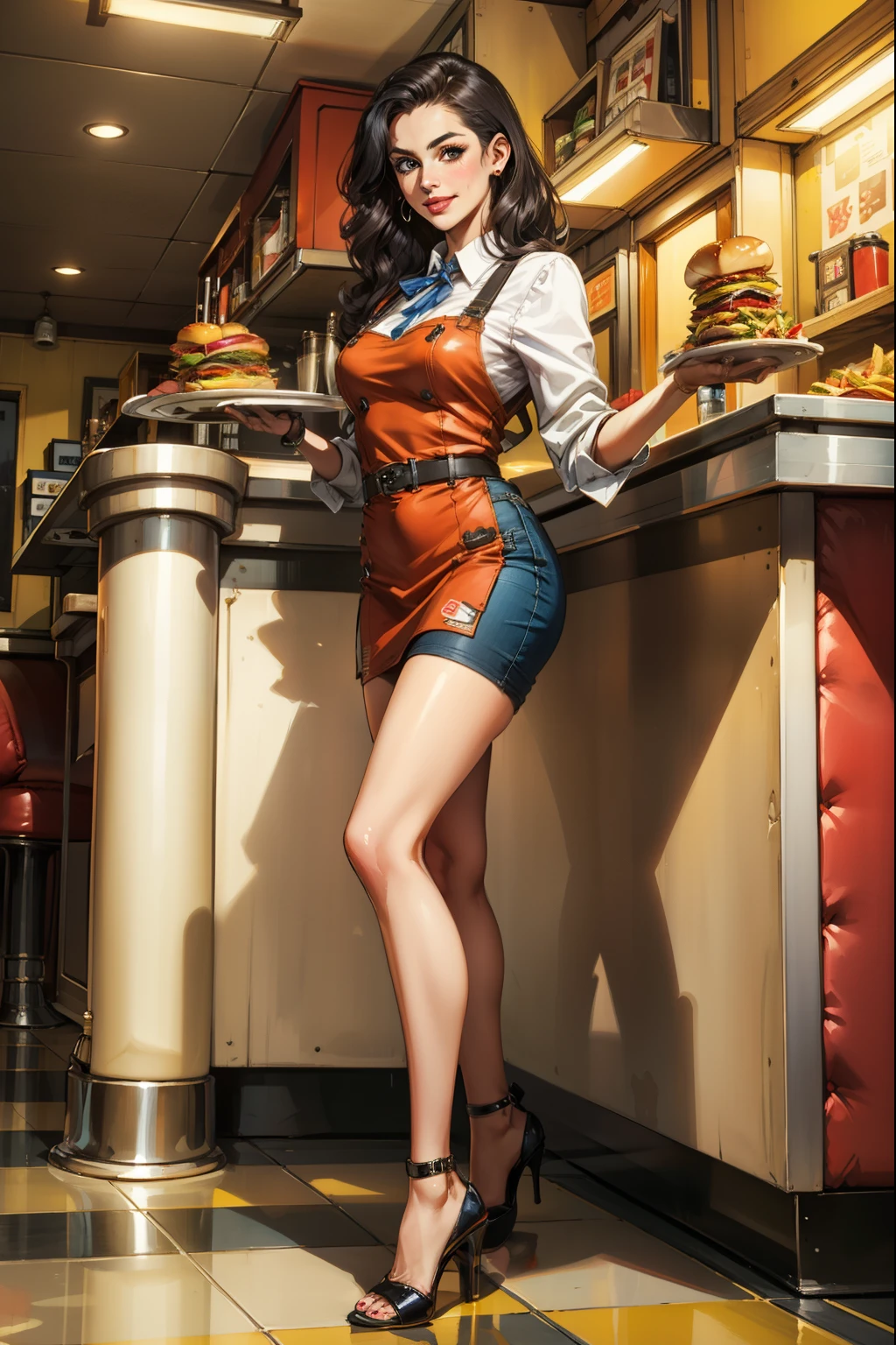 (masterpiece, best quality:1.2, Detailed Face), solo, 1girl, American diner, Waitress, 1950s, holding a platter with fries and hamburger, Smile, High heels, 