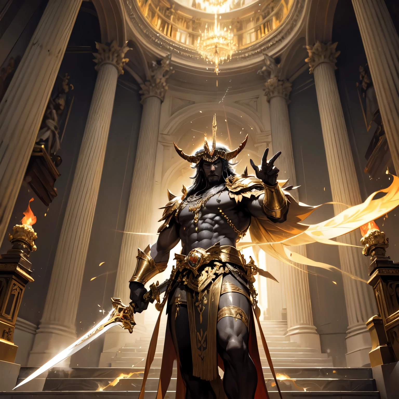 Create an 8K ultra HD digital image of a majestic oni king of flame and fire spirit, com pele vermelha escura e olhos ardentes como brasas. O rei oni tem cabelos de fogo que se movem como chamas vivas. He is clad in infernal armor forged from dark metals and adorned with incandescent stones that glow brightly.. Uma capa de fogo vivo se estende de seus ombros. Na escadaria real, o rei oni empunha a Espada de Zeus. The sword is made of celestial gold and emits golden rays, with divine inscriptions along the blade that shine brightly. The hilt of the sword is adorned with small rays and lightning., simbolizando seu poder supremo. Ele segura a espada em uma pose majestosa, ready to go down the stairs and face any threat, while electric sparks dance around you. The Sword of Zeus is known for its ability to control thunder and lightning, e uma aura de poder divino emana dela. The staircase is grand, made of black marble with carved handrails adorned with golden details. Lustres de cristal pendem do teto, refletindo a luz em milhares de fragmentos brilhantes. Tapetes vermelhos cobrem os degraus, creating an atmosphere of royalty and elegance. The image must capture the grandeur and majesty of the royal staircase, highlighting the interaction of the oni king with the Sword of Zeus.