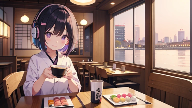 Masterpiece、pastel colour、Beautiful light、Warm lighting、Eat sushi at a sushi restaurant、I have headphones on、pretty girl、Black short bob、Droopy eyes、Purple Eyes、Happy、Smile、The dishes、Colorful sushi、