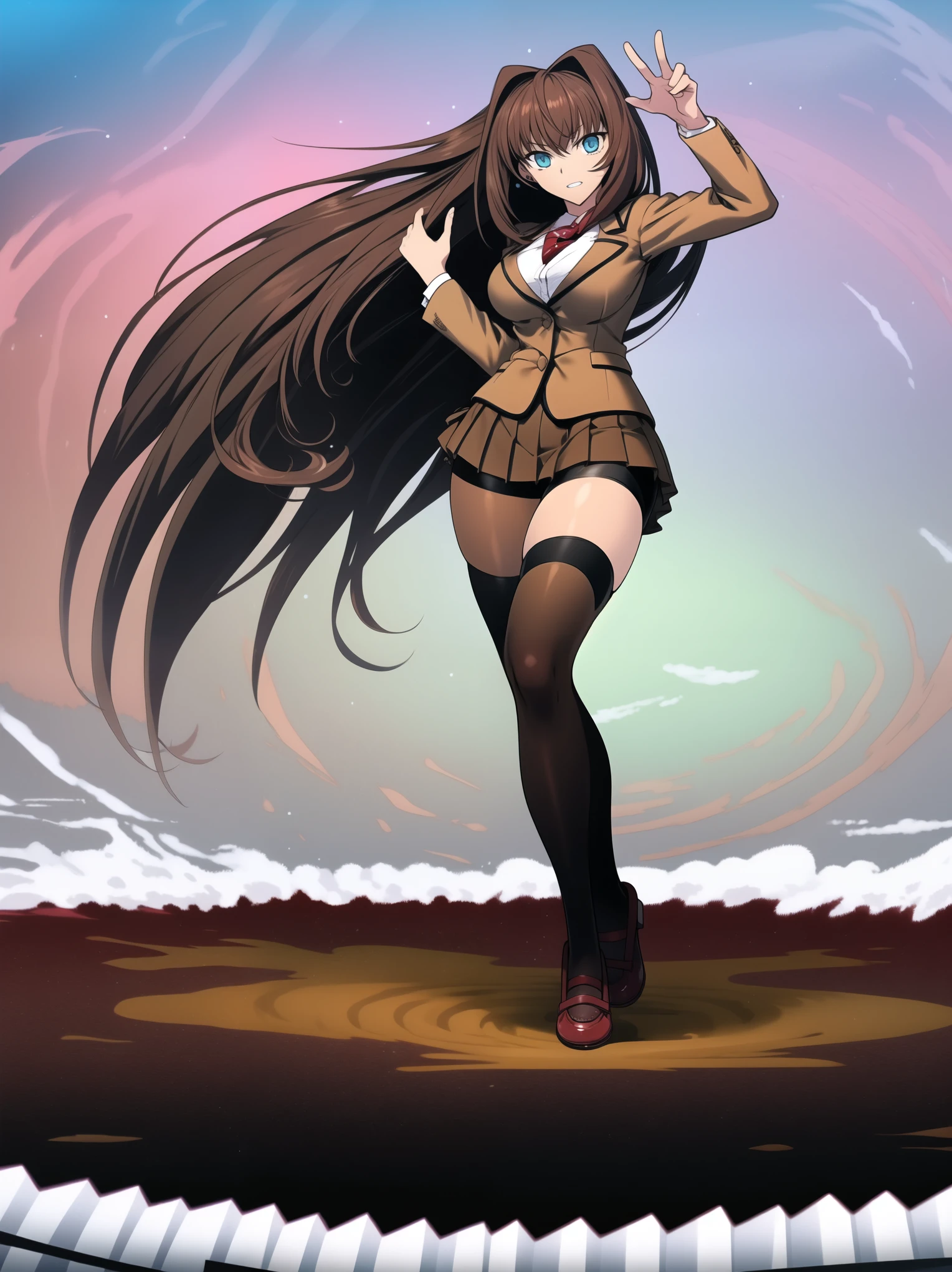 BREAK, centered, BREAK, (EMPTY BACKGROUND), BREAK, (masterpiece), best quality, high resolution, 8k, illustration, (beautiful detailed eyes:1.5), extremely detailed face, extremely detailed body, CG, perfect hands, perfect anatomy, ((1girl)), ((solo)), ((bbaoko)), ((2 legs max)), ((2 feet max:1.5)), ((swirling vortex shaped longest brown hair:1.5)), (brown longest hair with slightly reddish undertone:1.6), (lush luscious longest brown hair:1.6), (very long voluminous longest brown hair:1.5), serious, blue eyes, red bowtie, (Form-fitting beige blazer:1.5), brown jacket, (highly detailed beautiful face:1.2), (white shirt:1), (well shaped large breasts:1.6), (nice hips:1), ((Umber pleated thigh-high skirt:1.6)), (((black bike shorts:1.4))), (toned thighs:1.6), (black kneesocks:1), (strap shoes brown color), (facing front:1.5), ((standing straight:1.5)), ((Fullbody in frame:1.6)), ((Full body:1.5)), ((takeuchi takashi:1))