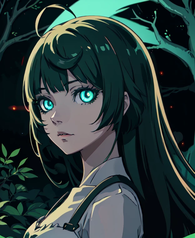 anime girl with green eyes in the dark surrounded by leaves, green glowing eyes, with glowing eyes, magical glowing eyes, anime lush john 8k woods, dark glowing rain, glowing eyes everywhere, eerie glowing eyes, glowing eyes, eyes glowing, numerous dimly glowing eyes, anime style. 8k, glowing green eyes, glowing magical eyes, very glowing eyes