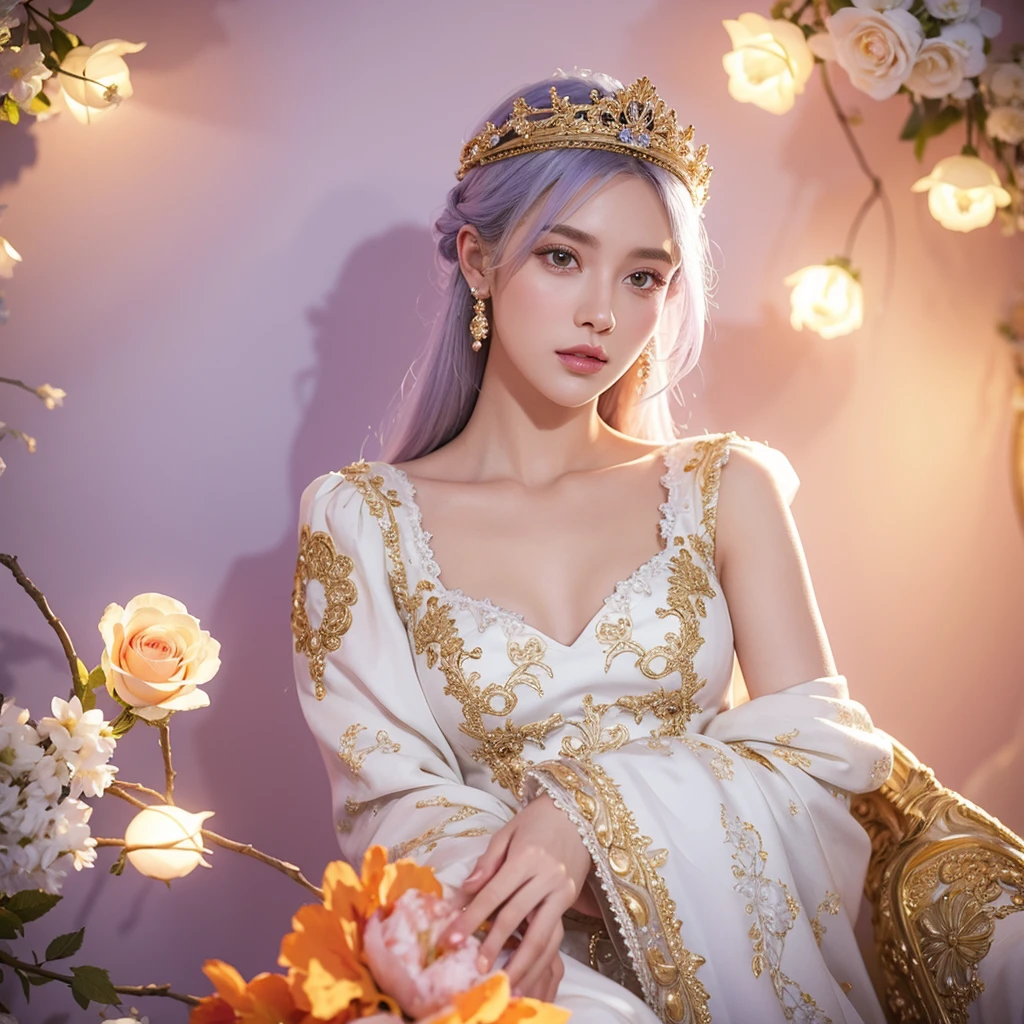 a highly detailed white rose, intricate embroidery patterns, double stitching, silver and gold beads, vibrant creamsicle, red, white, blue, lavender, orange Italian background, award-winning digital art, 8k, photorealistic, extremely detailed, cinematic lighting, volumetric lighting, dramatic shadows, lush colors, elegant, ornate, luxurious, masterpiece, intricate complexity, stunning