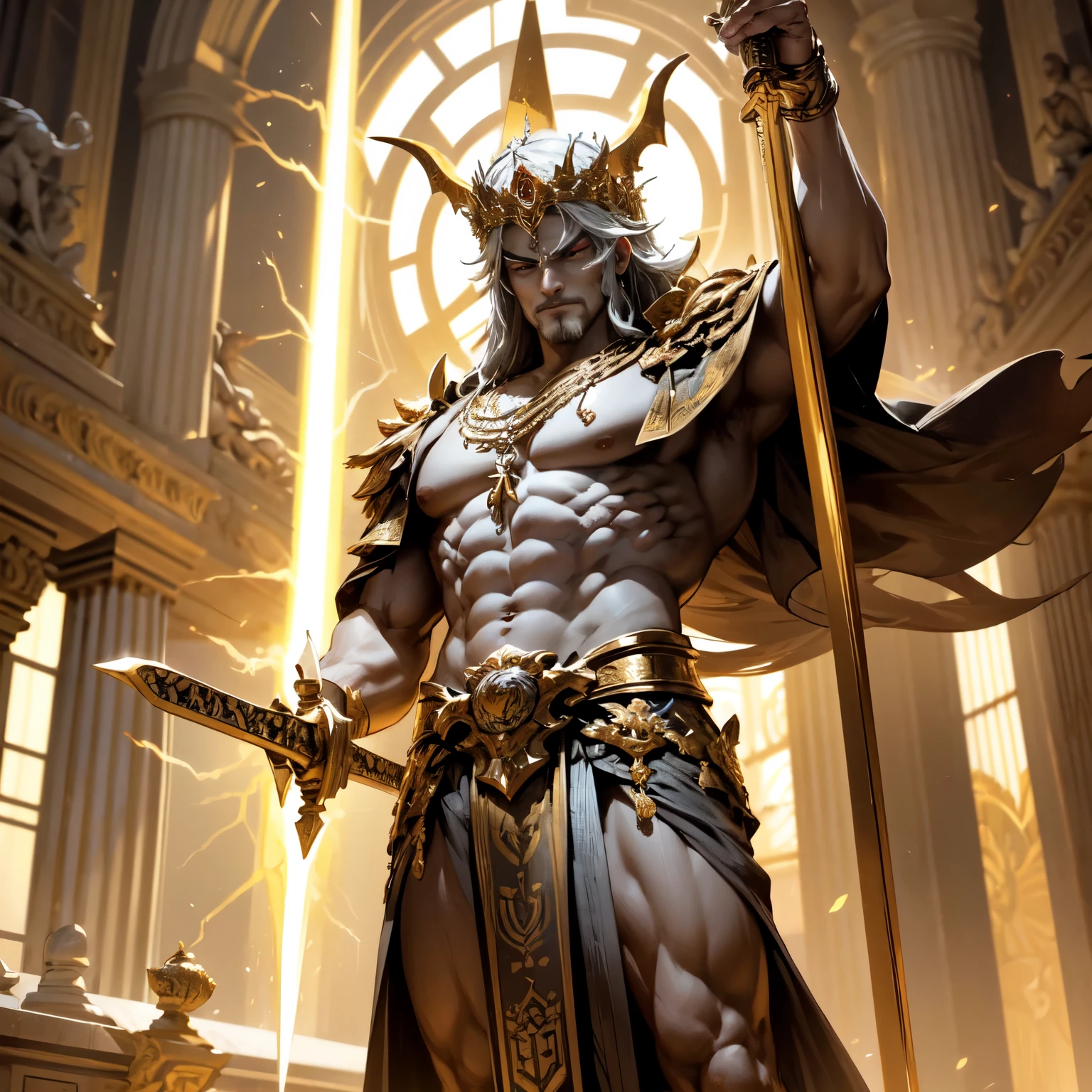 Create an 8K ultra HD digital image of a majestic oni king of flame and fire spirit, com pele vermelha escura e olhos ardentes como brasas. O rei oni tem cabelos de fogo que se movem como chamas vivas. He is clad in infernal armor forged from dark metals and adorned with incandescent stones that glow brightly.. Uma capa de fogo vivo se estende de seus ombros. Na escadaria real, o rei oni empunha a Espada de Zeus. The sword is made of celestial gold and emits golden rays, with divine inscriptions along the blade that shine brightly. The hilt of the sword is adorned with small rays and lightning., simbolizando seu poder supremo. Ele segura a espada em uma pose majestosa, ready to go down the stairs and face any threat, while electric sparks dance around you. The Sword of Zeus is known for its ability to control thunder and lightning, e uma aura de poder divino emana dela. The staircase is grand, made of black marble with carved handrails adorned with golden details. Lustres de cristal pendem do teto, refletindo a luz em milhares de fragmentos brilhantes. Tapetes vermelhos cobrem os degraus, creating an atmosphere of royalty and elegance. The image must capture the grandeur and majesty of the royal staircase, highlighting the interaction of the oni king with the Sword of Zeus.