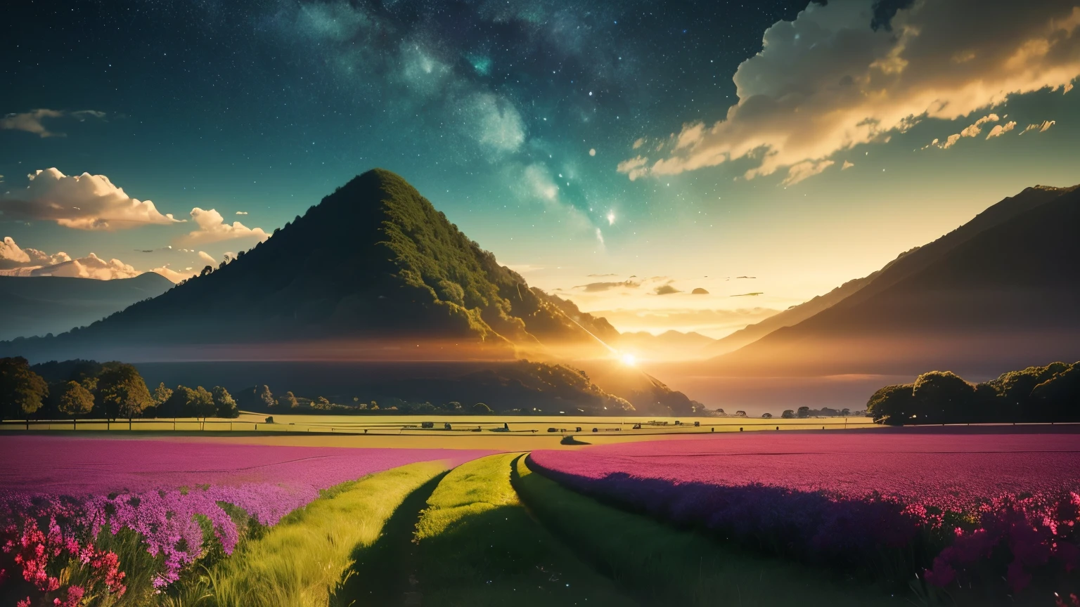 Imagens de natureza serena, como um nascer do sol, a starry sky or a green field, can evoke tranquility and spiritual connection