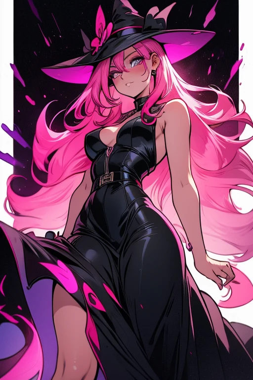 A pink haired reaper with violet eyes and an hourglass figure in a sexy black flowing gown is posing in a bed