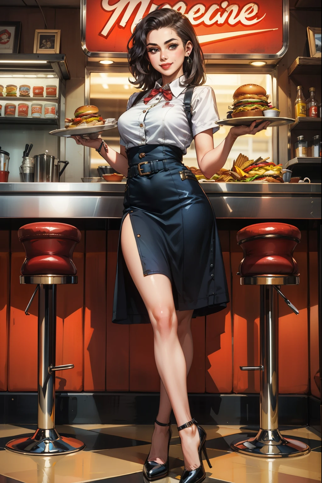 (masterpiece, best quality:1.2, Detailed Face), solo, 1girl, American diner, Waitress, 1950s, holding a platter with fries and hamburger, Smile, High heels,