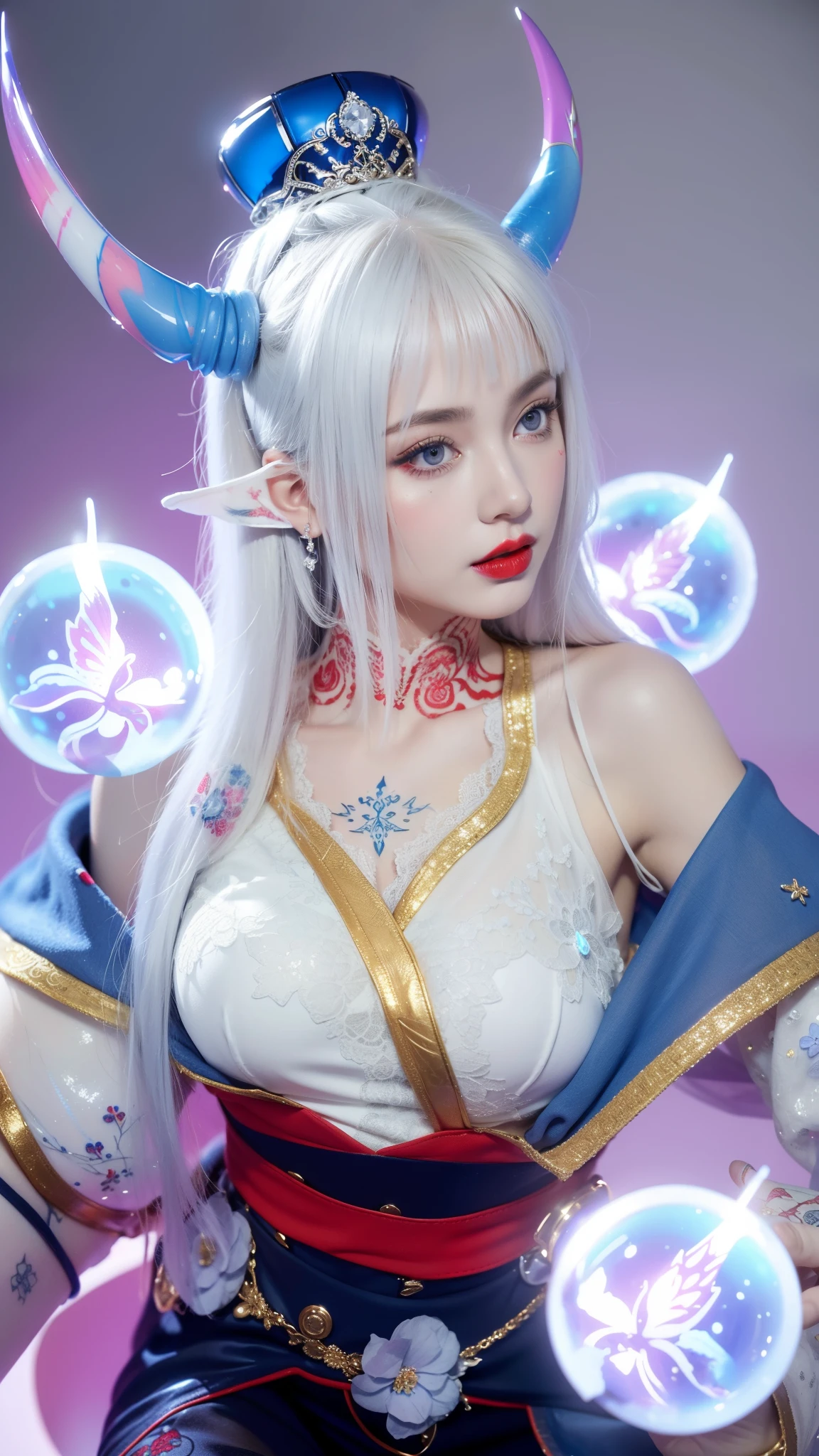 Royal princess，Super detailed, Delicate face, Stock Photography , Portrait 400, F1 Camera Lens.6, Colorful, Surrealism, Realistic textures, Dramatic Lighting, Thin Film Distiller 800 (8K, original photo, Better quality, masterpiece: 1.2), Super detailed, (Extremely delicate skin: 1.2), 8K Ultra HD, SLR camera, Soft Light, high quality.Fire Queen，Blue pupils，Apply red lipstick，Have a tattoo，The tattoo is very three-dimensional，Gorgeous and intricate tattoo designs，8K Mugshot，Large Breasts，Dark eyeshadow，Sexy thick lips(Red lipstick)，Ice Princess，The facial features are very three-dimensional，Wear lace prints，There are glowing black holes around the body