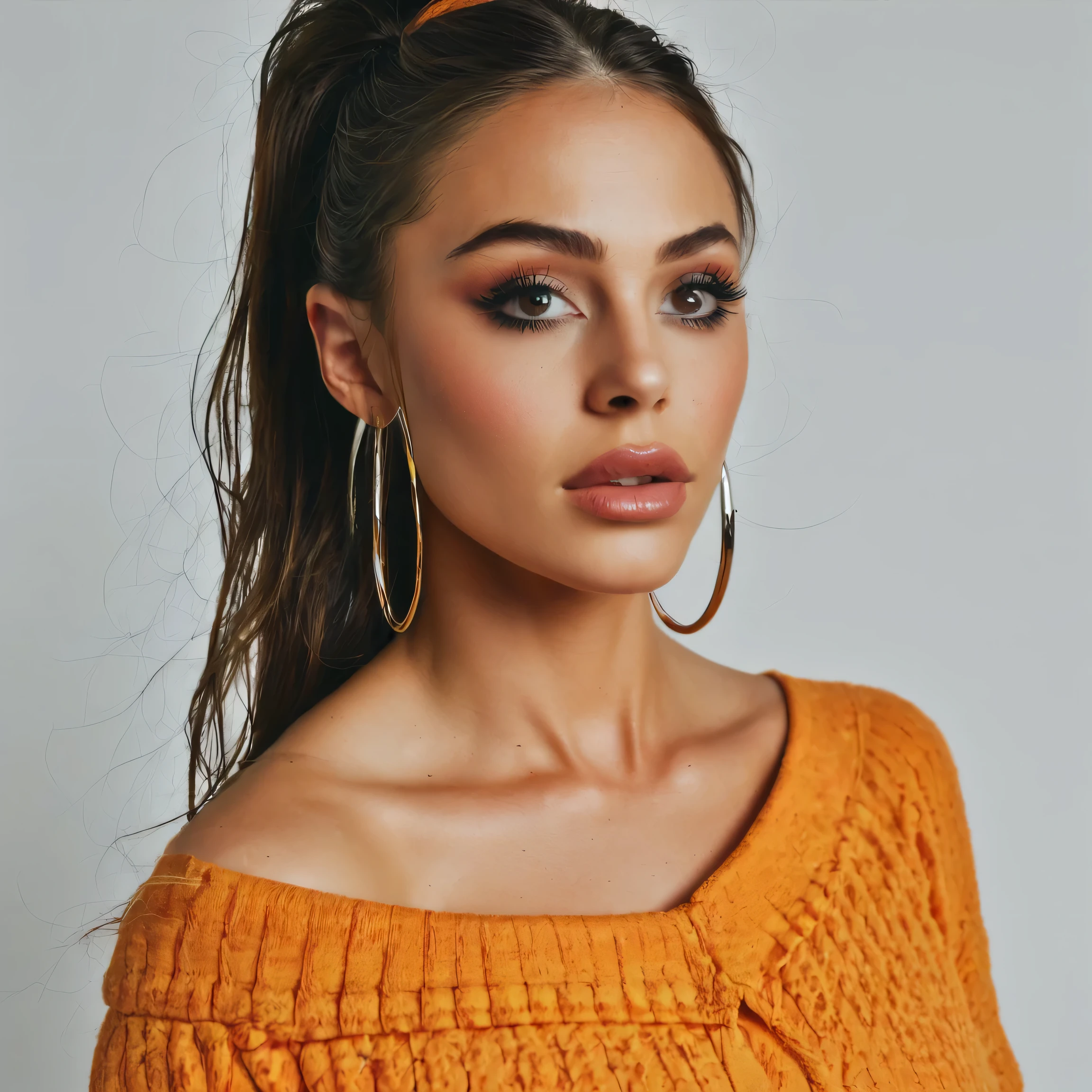 real, realistic, cinematic, source_photo, close-up of D4n1, full lips, trendy makeup, subsurface scattering three point cinematic lighting, wearing neon orange off the shoulder sweater, large hoop earrings, voluminous high ponytail, 