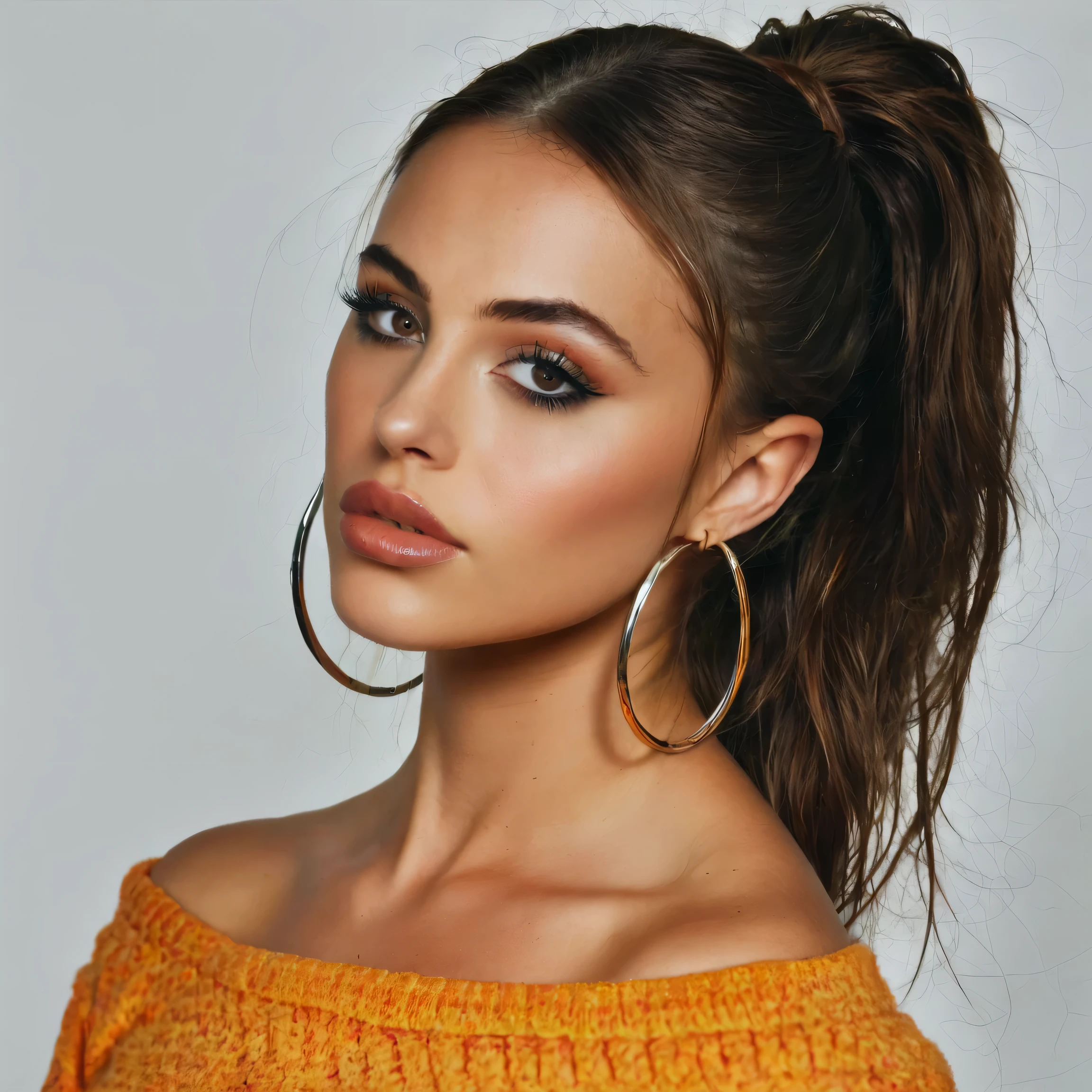 real, realistic, cinematic, source_photo, close-up of D4n1, full lips, trendy makeup, subsurface scattering three point cinematic lighting, wearing neon orange off the shoulder sweater, large hoop earrings, voluminous high ponytail, 