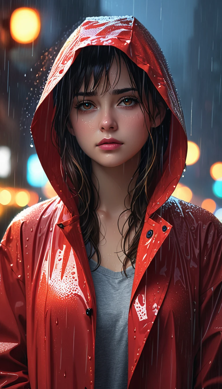 A girl with a hood alone in the rain,illustration,pouring rain,loneliness,best quality,ultra-detailed,realistic,portrait,dark tone,misty atmosphere,wet streets,hooded raincoat,melancholy expression,invisible umbrella,lights sparkling,Urban environment,high resolution,vivid colors,Bokeh,night scene,NYC cityscape.