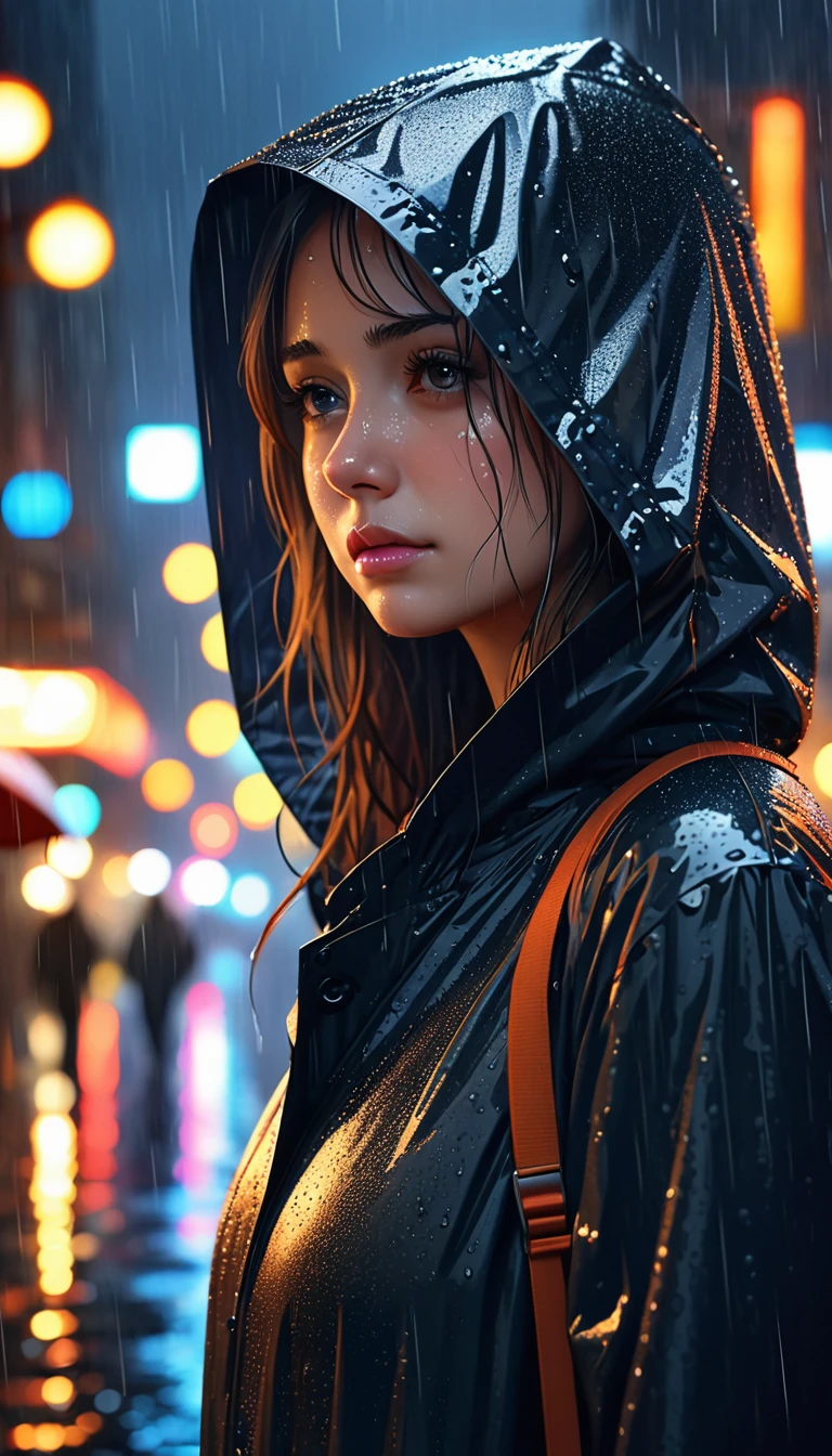 A girl with a hood alone in the rain,illustration,pouring rain,loneliness,best quality,ultra-detailed,realistic,portrait,dark tone,misty atmosphere,wet streets,hooded raincoat,melancholy expression,invisible umbrella,lights sparkling,Urban environment,high resolution,vivid colors,Bokeh,night scene,NYC cityscape.