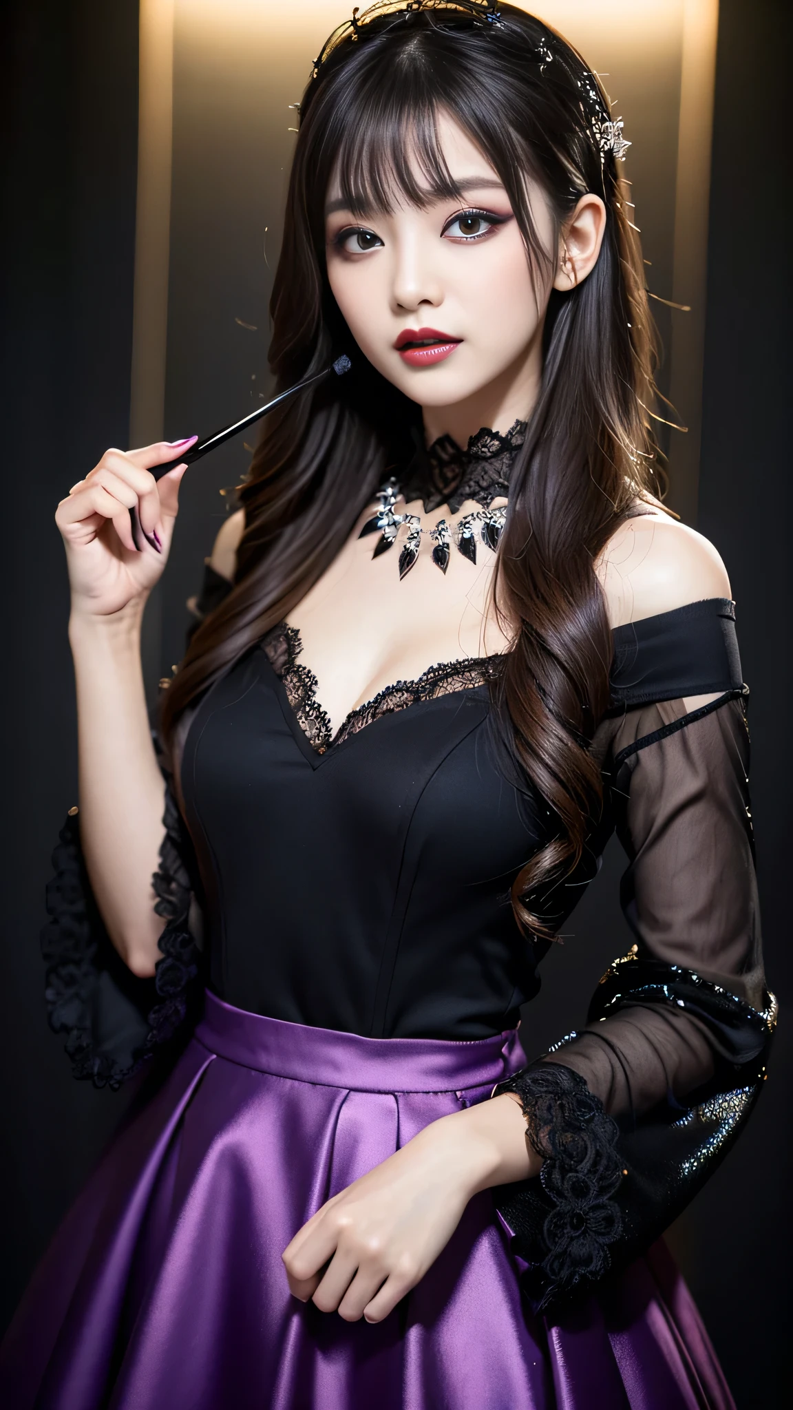best quality、ultra-detailed、8k、Japanese、Japanese、Seductive beauty、seductive adult woman、Pretty Woman、cool girl、Villainess、brainwash makeup、Brainwashed、brainwash、Fallen into evil、smirk、Evil look、Wicked Smile、evil、Brown hair、wavy hair、swept bangs、dark makeup、dark makeup、piercing eyes、hollow eyes,half-closed eyes、Hollow Eyes、purple Eyeshadow、black lipstick、black lipglos、Lace fabric、black party dress、Wide sleeves、flare skirt、night、inside darkroom、Are standing、Look、Offer、shoot from below、Make up、Hold a small makeup brush、Swear allegiance、I have pledged my allegiance、Seduce、Evil female executive、Female Combatant