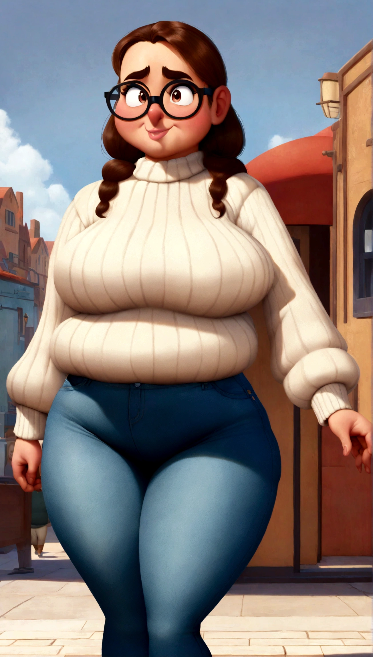 Fat white woman with brown hair and glasses, large chest, wide hips wearing a sweater and jeans, pixar style