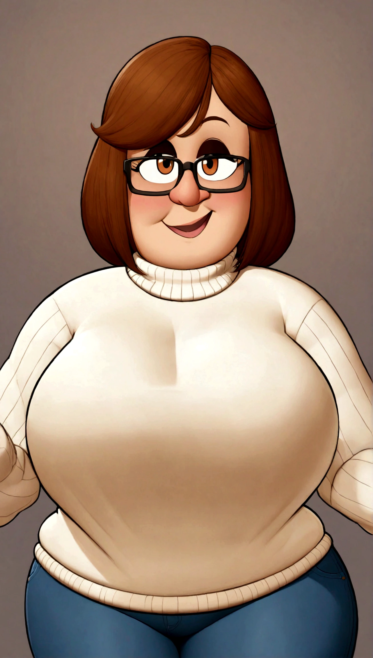 Fat white woman with brown hair and glasses, large chest, wide hips wearing a sweater and jeans, pixar style