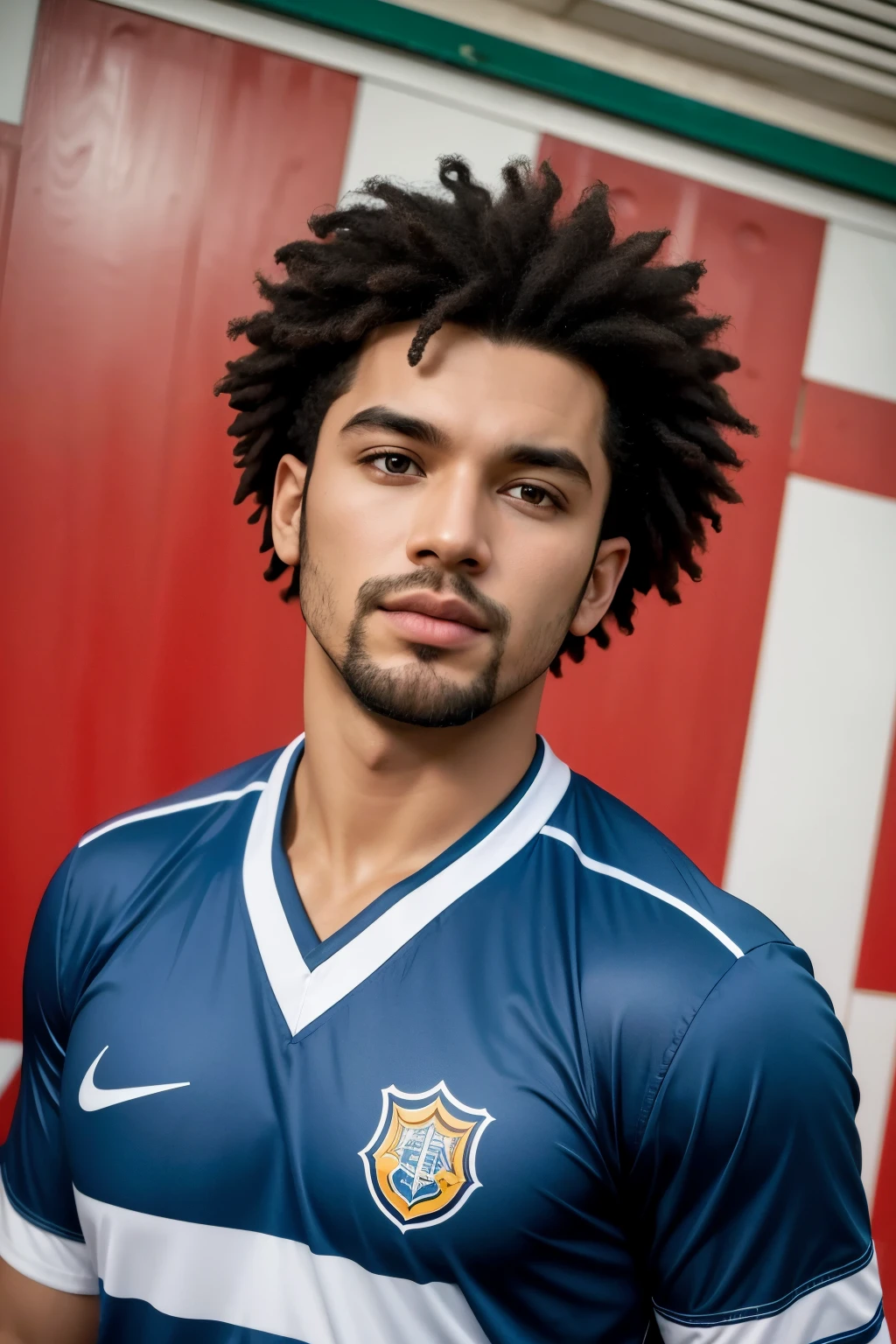 Crie uma camisa esportiva para um interclasse escolar com o tema 'Cidades Brasileiras'. Nossa sala representa Pernambuco. The shirt must incorporate cultural and iconic elements of Pernambuco, highlighting a lion as the main symbol. Use as cores tradicionais de Pernambuco (azul, branco e vermelho) no design. Include the school logo on the chest and player number on the back. Adicione detalhes que remetam ao estado, like frevo patterns, o Galo da Madrugada ou paisagens famosas. A camisa deve ser moderna, vibrante e inspiradora, refletindo o orgulho pernambucano. Mostre a camisa em um fundo neutro.