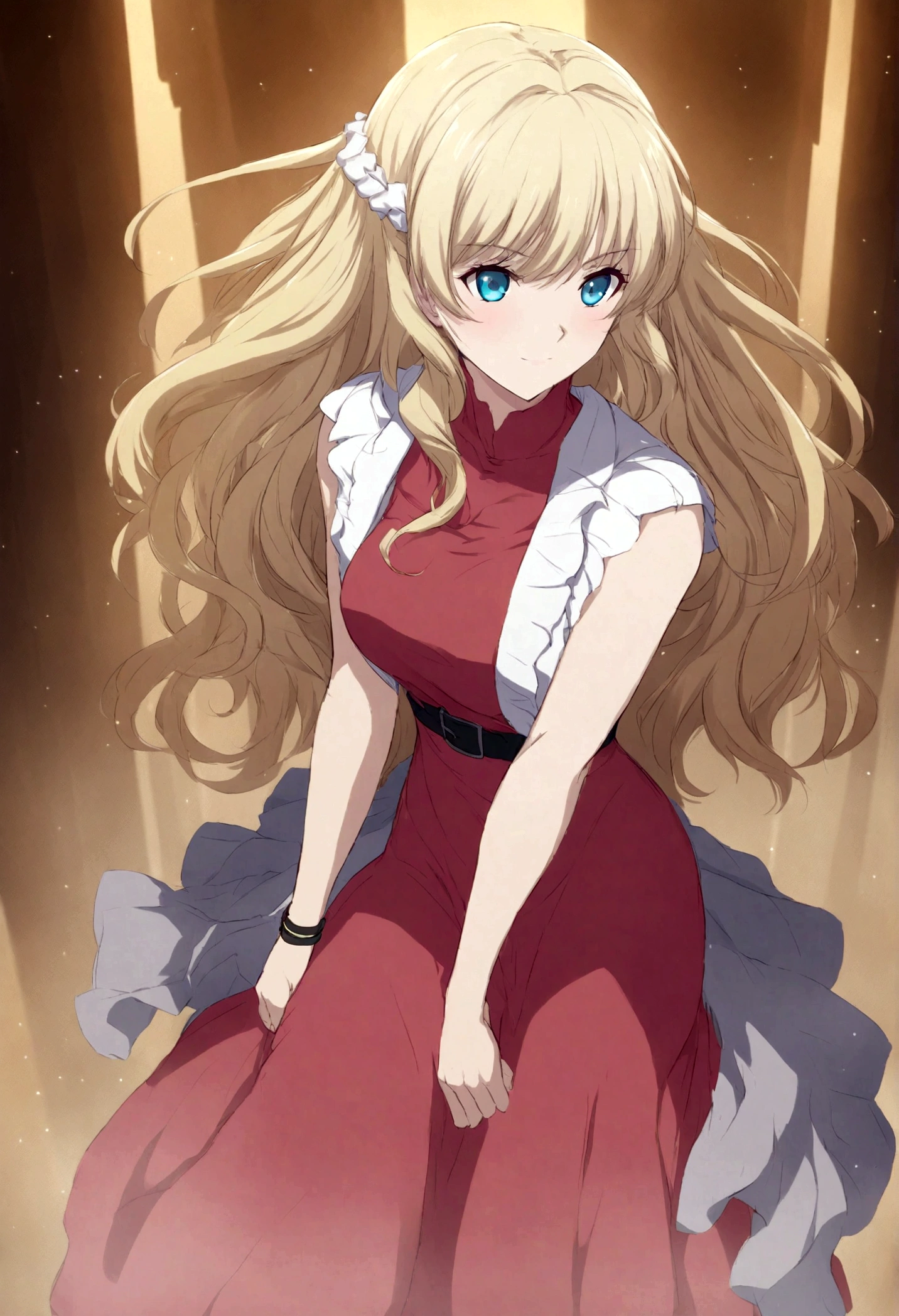 mulher, personagem realista,messy blonde hair, Vestido branco de malha slip,olhos azuis, anime peito grande, sozinho, moderno, ciberpunk
