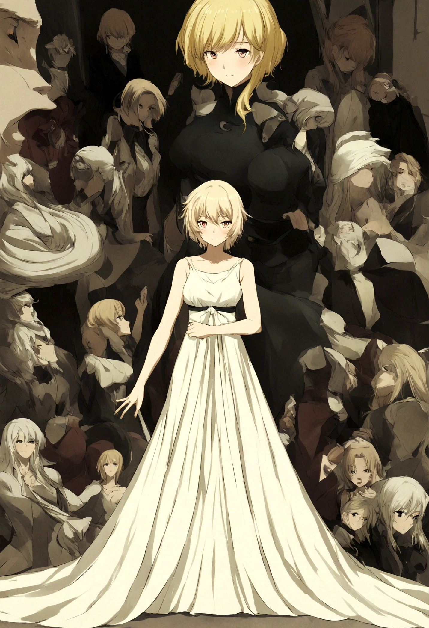 mulher, personagem realista,messy blonde hair, Vestido branco de malha slip,olhos azuis, anime peito grande, sozinho, moderno, ciberpunk