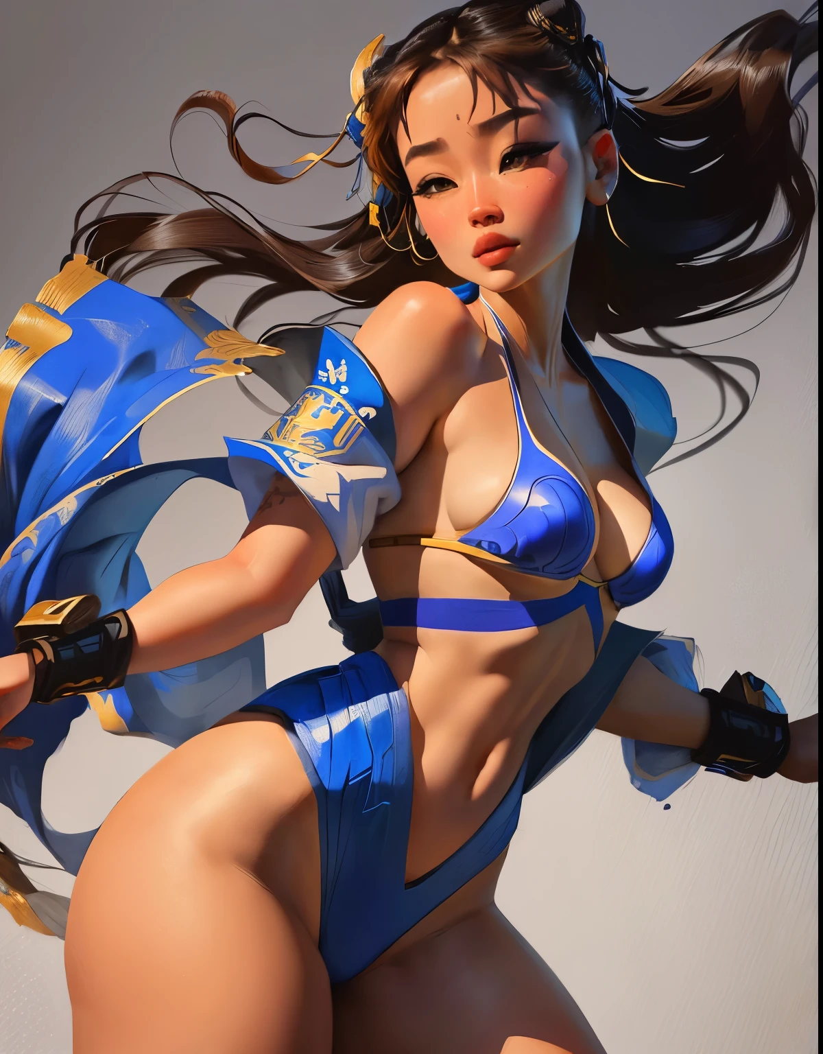 un primer plano de una mujer en bikini y una capa azul, extremely detailed tipo germen, retrato de chun-li, style tipo germen, drawn in the style of tipo germen, tipo germen. alto detalle, portrait of Chun Li, Chun Li, in style of tipo germen, tipo germen. animated illustration