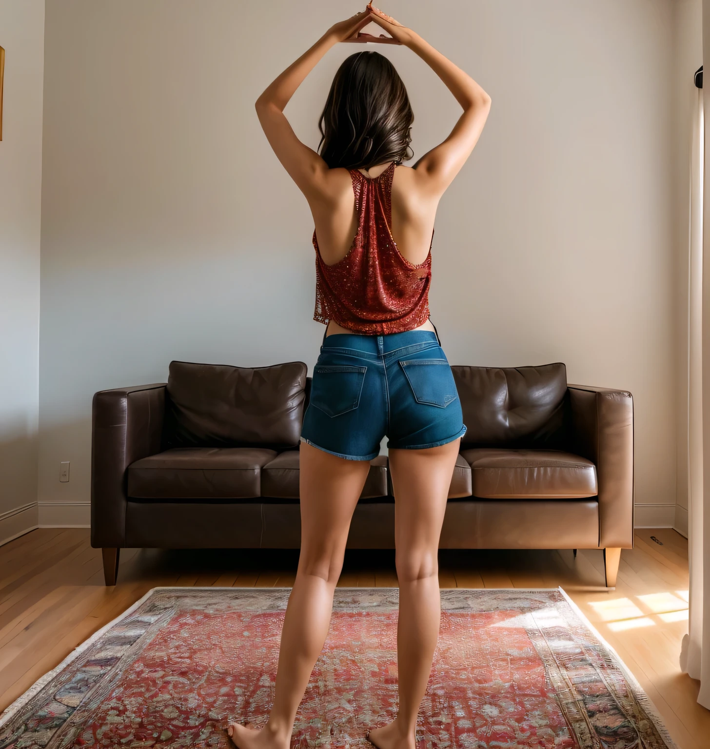 IIn a cozy living room, a woman stands with her arms raised in the air, as if she is dancing or playing with an invisible object. She has her back turned. She is wearing a vibrant red tank top and short, tight dark blue shorts, adding a pop of color to the scene. Behind her, a television is off, reflecting the warm light of the room. A comfortable sofa sits against the wall, inviting you to relax. The floor beneath her feet is covered in a patterned rug that adds texture to the space. Photo taken from behind.

A beautiful woman, with white skin and dark brown hair. She is about 45 years old, 165 cm tall and weighs 56 kg. She has a perfect mouth, medium breasts, a perfect face. Her body exudes glamor and her face is a definition of beauty. Slender body, thin waist. Highly realistic, hyperrealism, very elaborate skin. Clear photo, high resolution, high quality, masterpiece, 16K photo, high contrast, masterpiece, NUDE, NUDITY, NFSW.