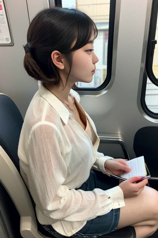 highest quality, Ultra-high resolution, Highly detailed skin, Physically Based Rendering,Down blouse, Looking down,(A -yeld Jaese girl is sitting in a seat and writing in a notepad, Decorative fine bra, Layered button shirt, , Small breasts, Sensual, From side to top),(Beautiful background:1.2), in the train, short hair, necklace, See-through bra