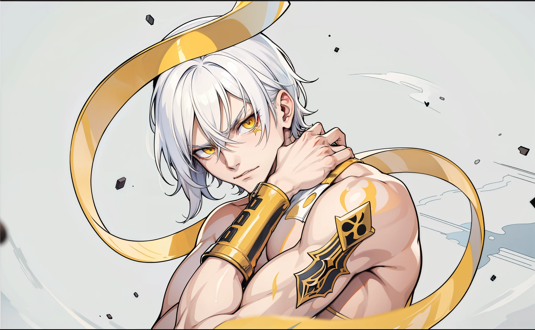 Bad man, 19 years old, white hair, yellow eyes, evil look, he is a villain, he is crazy.