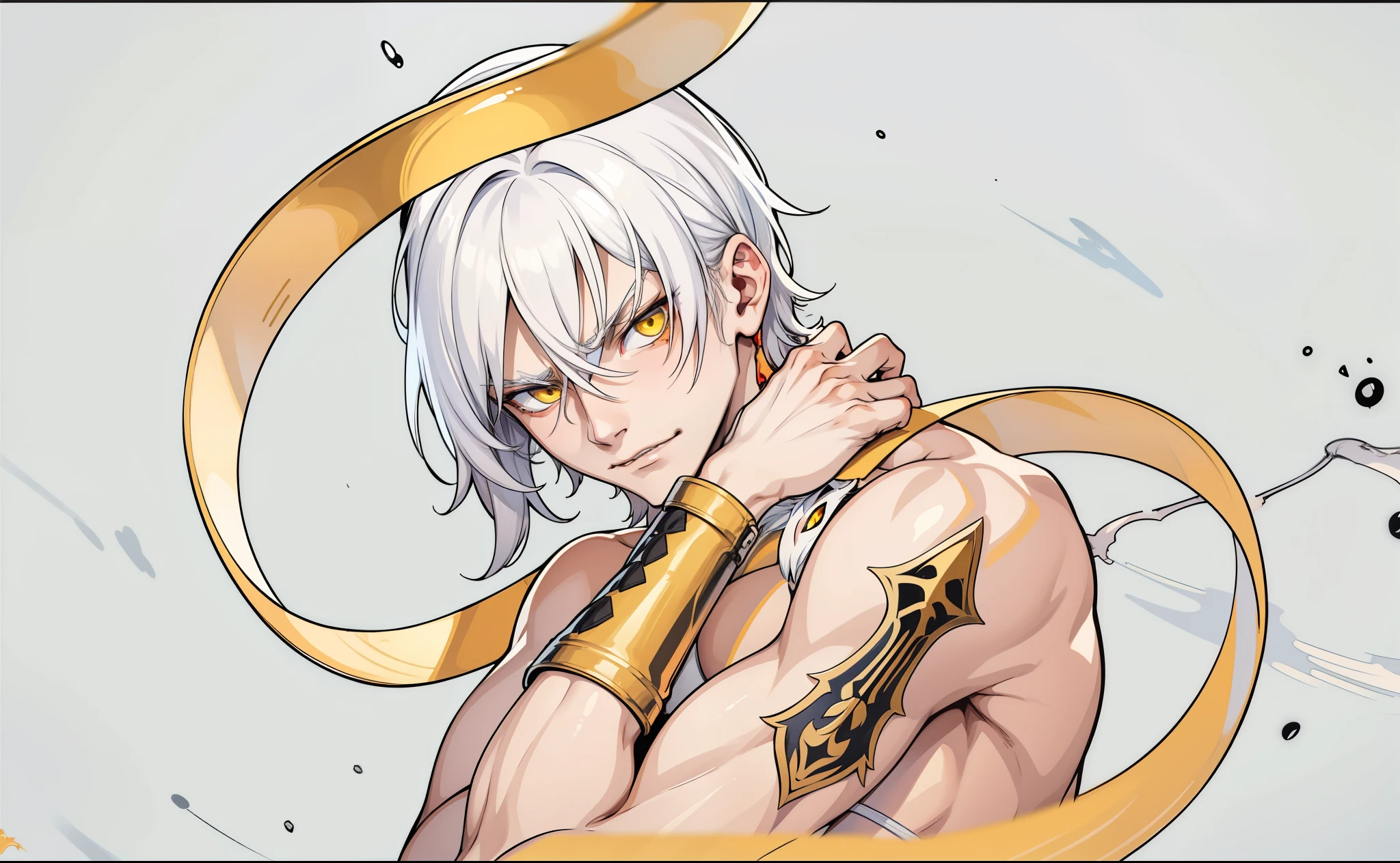 Bad man, 19 years old, white hair, yellow eyes, evil look, he is a villain, he is crazy.