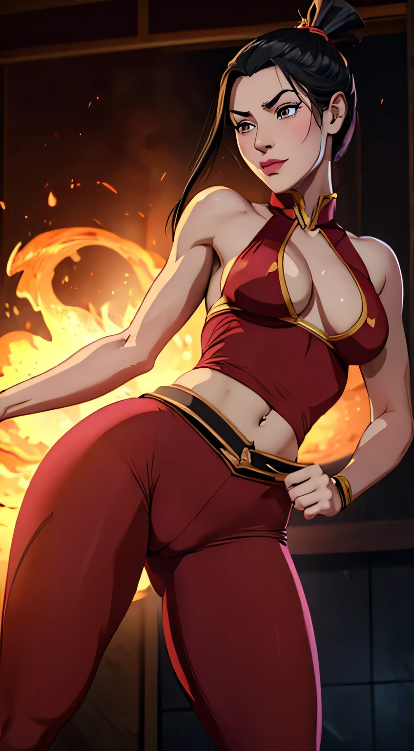 (best quality:1.3), (4k quality),(sharp image), Azula, ((Detailed face)), ((masterpiece face)),((perfect detailed eyes)) (blush), Azula, black hair, ( black tied hair ), brown eyes, pink lips, pink lips, sly face, face with stern features, ((detailed face)), perfect face, highly detailed eyes, ((adult face)), masterpiece, absurdres , (intricate details), (colorful),cinematic lighting, extremely detailed CG unity 8k wallpaper , 1girl, solo, mature female, erected ????, fit body, ????????, ((fire nation uniform)), evil smile, ((perfect small ??????)), fit slim body, standing and showing her ???, ???????????