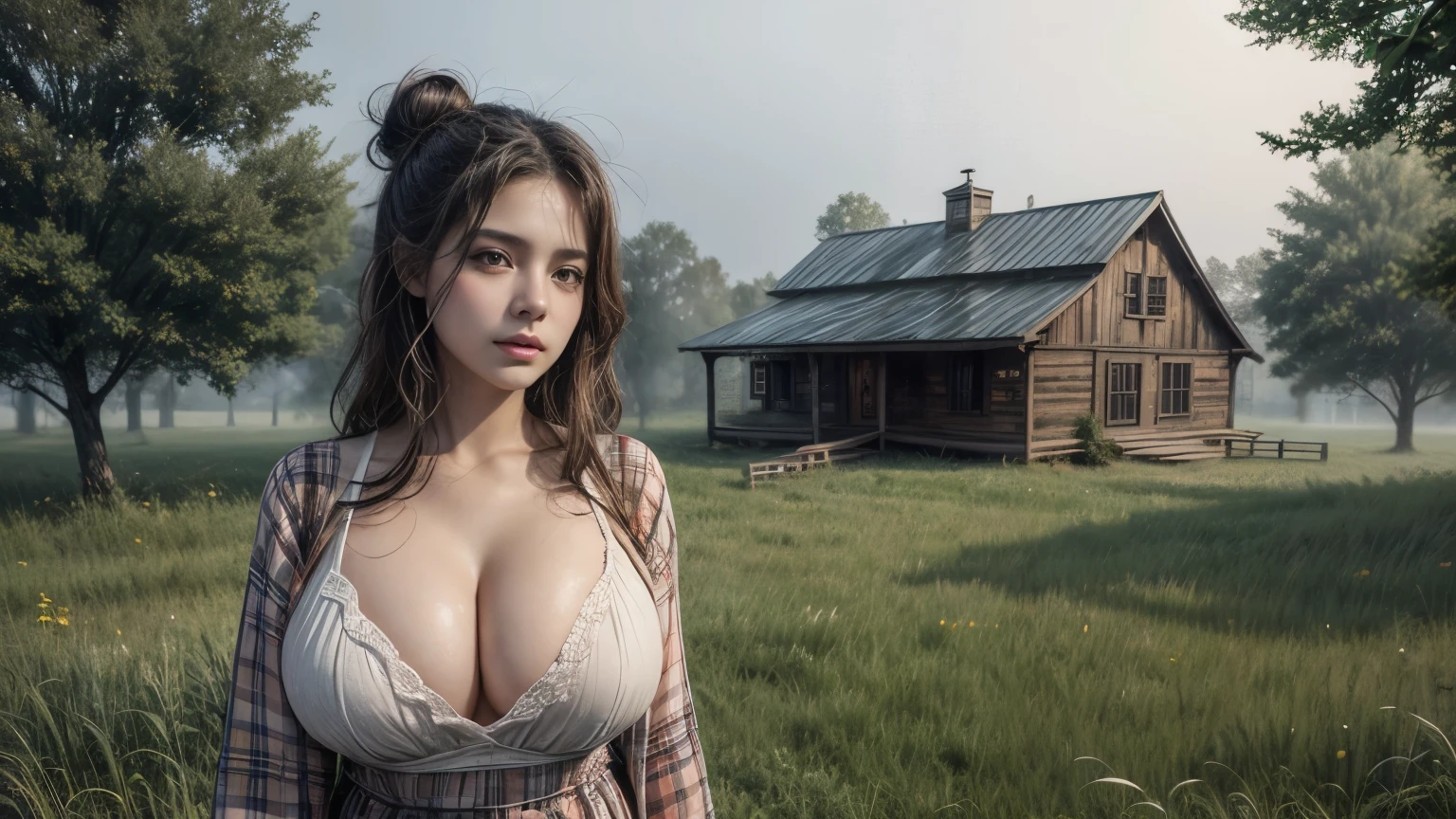 Best quality, masterpiece, Beautiful, young latina woman, looking straight at viewer, wearing simple cowgirl outfit, posing on grassfield, professionalism, teen age, detailed face, detailed body, symmetric face, big cute eyes, cute face, dynamic pose, deep cleavage, perfect anatomy, photorealistic, curvy body, black bun hair, 8k, ultra realistic, foggy farmhouse background, rainfall, rainy weather, wide desktop wallpaper, ambient occlusion