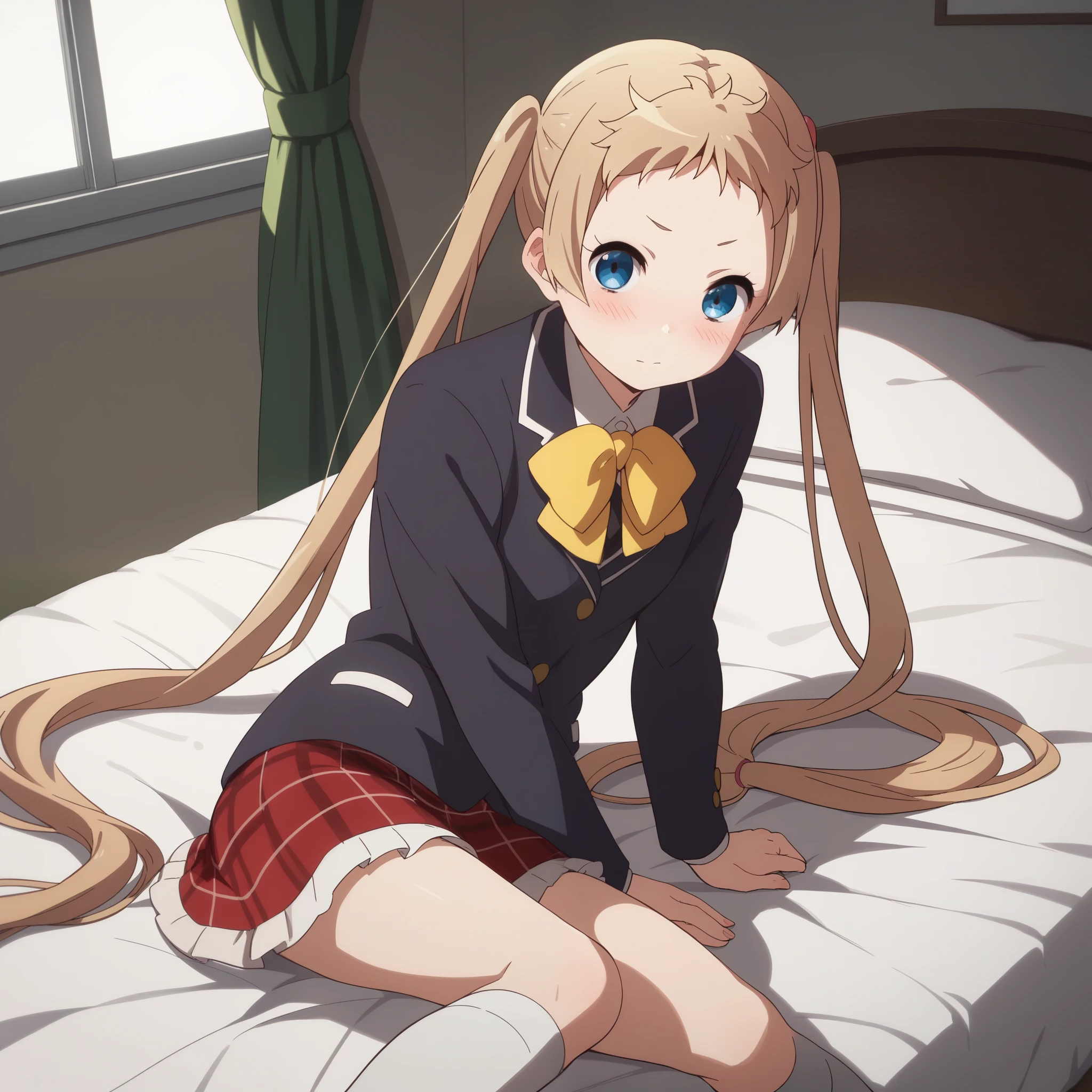 score_9, score_8_up, score_7_up, source_anime,
sanaedekomori,
sanae dekomori, long hair, blue eyes, blonde hair, twintails, very long hair,
skirt, , jacket, plaid, kneehighs, plaid skirt, blazer, icho private high ,
indoors, bed, bed room, on side, blush, drunk,
looking at viewer, cowboy shot, dutch angle, solo,