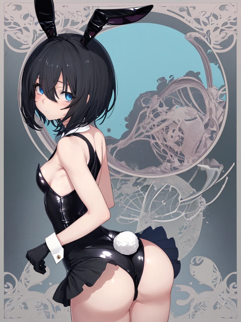 1 Anime Girl, alone, Anatomically correct, Black Short Hair, Beautiful Blue Eyes, small , small waist, Wide Hips, juicy texpensives, Juicy ass,break, Bunny girl, Bunny ears, Rabbit&#39;s Tail, (Frilled leotard: 1.3), wrist_cuffs, bow tie, Fishnet tights, expensive_Heel, break, (Five Fingers, Four fingers and a thumb), (Bare arms, Exposing shoulders), Professional Lighting, highest quality, masterpiece, Very detailed, Capture the sexy moment , Show your ass, Show your ass, Depth of written boundary, ultra expensive resolution, Fine details, 16k wallpaper