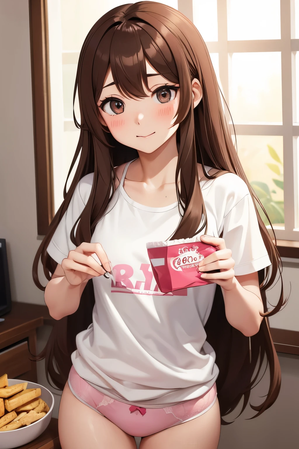 Brown long-haired。I'm at home。Eating snacks。blushing。Looking straight forward。wearing underwear。Flirty