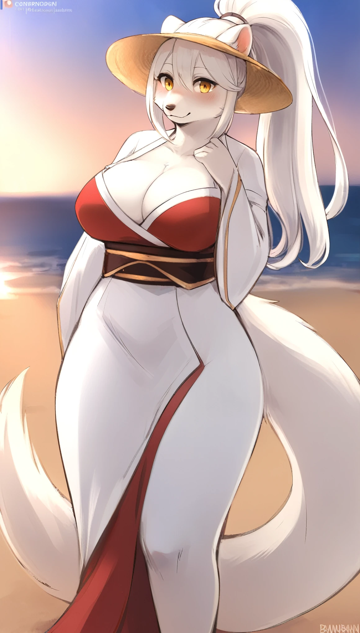 top quality, best quality, by bahnbahn, High-quality illustrations, masterpiece, shading, light)(kemono, furry anthro, alone), round, female, white ferret, Hanazono Chiyuki, (Sdorica), white furs, slim body, wide hips, fluffy, tail, big breasts, perfect eyes, yellow eyes, ponytail white hair, japanase dress, elegant hat, sea beach, body movement, looking at viewer