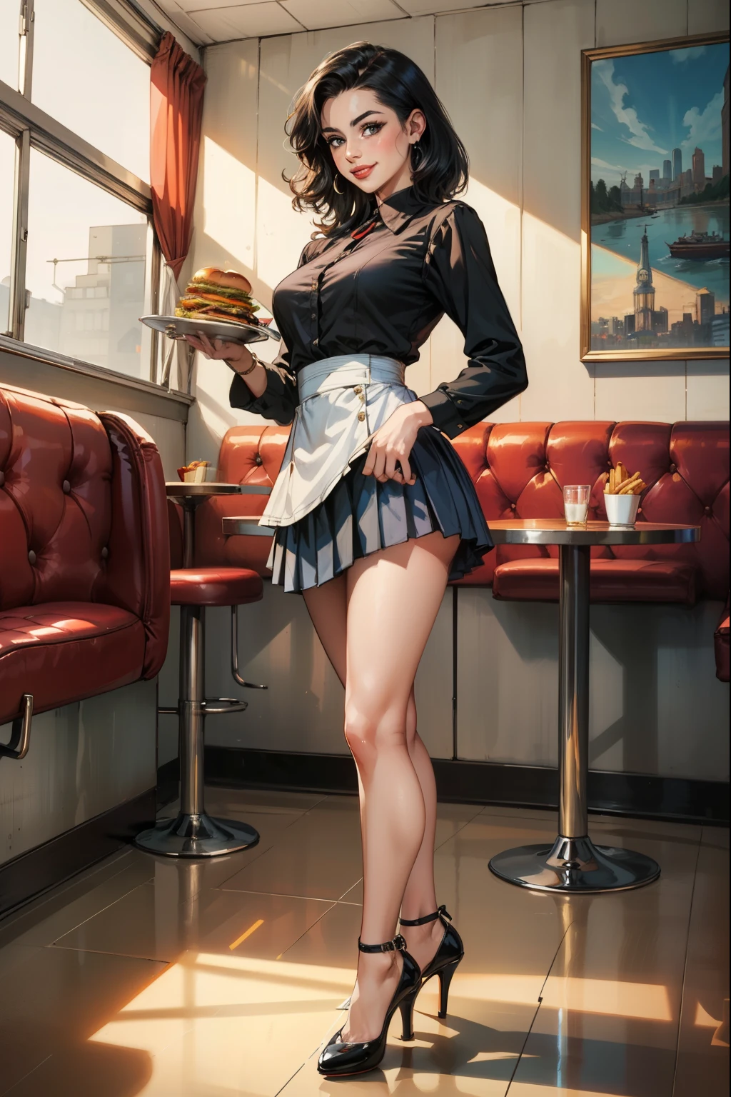 (masterpiece, best quality:1.2, Detailed Face), solo, 1girl, American diner, Waitress, 1950s, holding a platter with fries and hamburger, Smile, High heels, Pleated short skirt (Black), long sleeved blouse (white), 