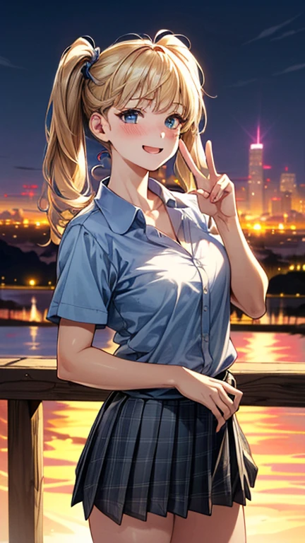 (masterpiece:1.3, highest quality, Ultra-high resolution, Very detailed), (Realistic:1.1, photoRealistic:1.4), Beautiful illustrations, Perfect lighting, colorful, Written boundary depth,
Beautiful detailsまでこだわった髪, Beautifully detailed face, Beautiful details, Beautiful clavicle, Beautiful body, Beautiful breasts, Beautiful thighs, Beautiful legs, Beautiful fingers,
View your audience, 1 girl, Japanese, high school girl, Perfect Face, (Perfect Anatomy, Anatomically correct), Cute and symmetrical face, Baby Face, Sunburn, Shiny skin,
(Mid-length hair:1.5, Twin tails:1.2, blonde), Asymmetrical bangs, blue eyes, Long eyelashes, (Mid-chest), thin,
((Collared short-sleeved shirt, Light blue shirt, , Grey plaid pleated skirt, To the Navy)), No pants,
(Beautiful views), evening, (Outdoor, distant cityscape), Are standing, (peace sign), (Cute Smile, Blushing、Upward glance, Open your mouth), (Perverted old man opens up girl'Cat:1.3),