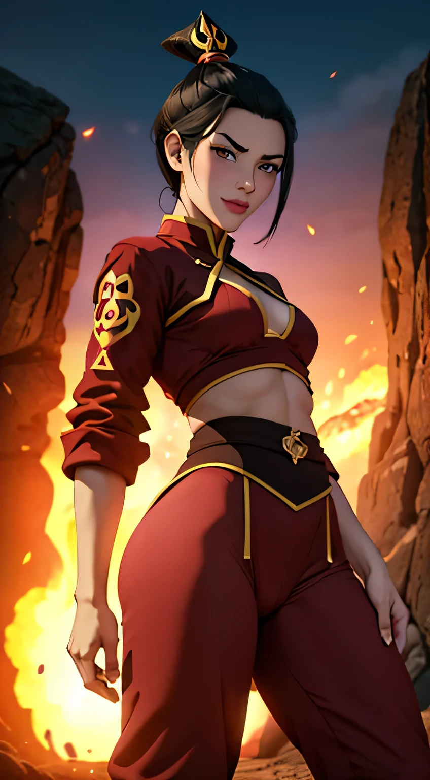 (best quality:1.3), (4k quality),(sharp image), Azula, ((Detailed face)), ((masterpiece face)),((perfect detailed eyes)) (blush), Azula, black hair, ( black tied hair ), brown eyes, pink lips, pink lips, sly face, face with stern features, ((detailed face)), perfect face, highly detailed eyes, ((adult face)), masterpiece, absurdres , (intricate details), (colorful),cinematic lighting, extremely detailed CG unity 8k wallpaper , 1girl, solo, mature female, erected tits, fit body, cameltoe, ((fire nation uniform)), evil smile, ((perfect small breast)), fit slim body, standing and showing her ass, from behind