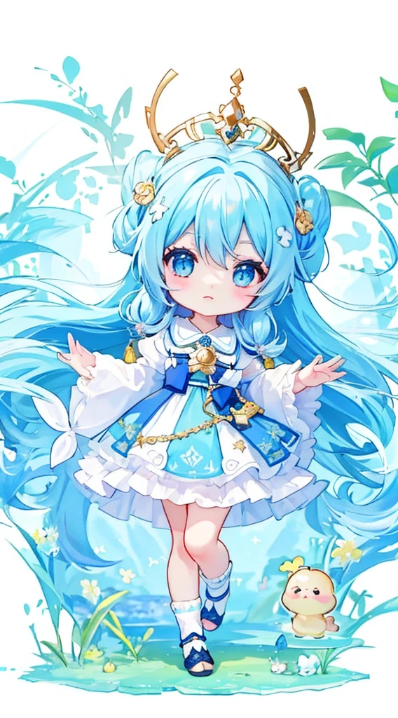 ((a sticker:1.5))), ((chibi character)), (((light blue long hair))), long hair cute anime faces,tareme, (white backgrounid), fluffly, Girl vs, Wizard's costume, full body Esbian, pastel-colored hair, Pastel colors hair, fairytale-like, T-shirt design, tmasterpiece, best qualtiy,Shining eyes、Cute Baby Turtle!!tchibi!!!,(Chibi Yala)