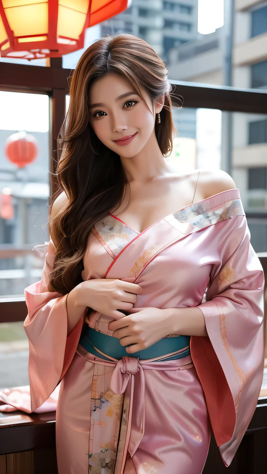 Beautiful supermodel woman with brown hair, Hair with subtle highlights, Iris, Mixed Media, sexy,Japanese style cityscape background,Brightly colored yukata robes, Off the shoulder、Oiran、Smiling