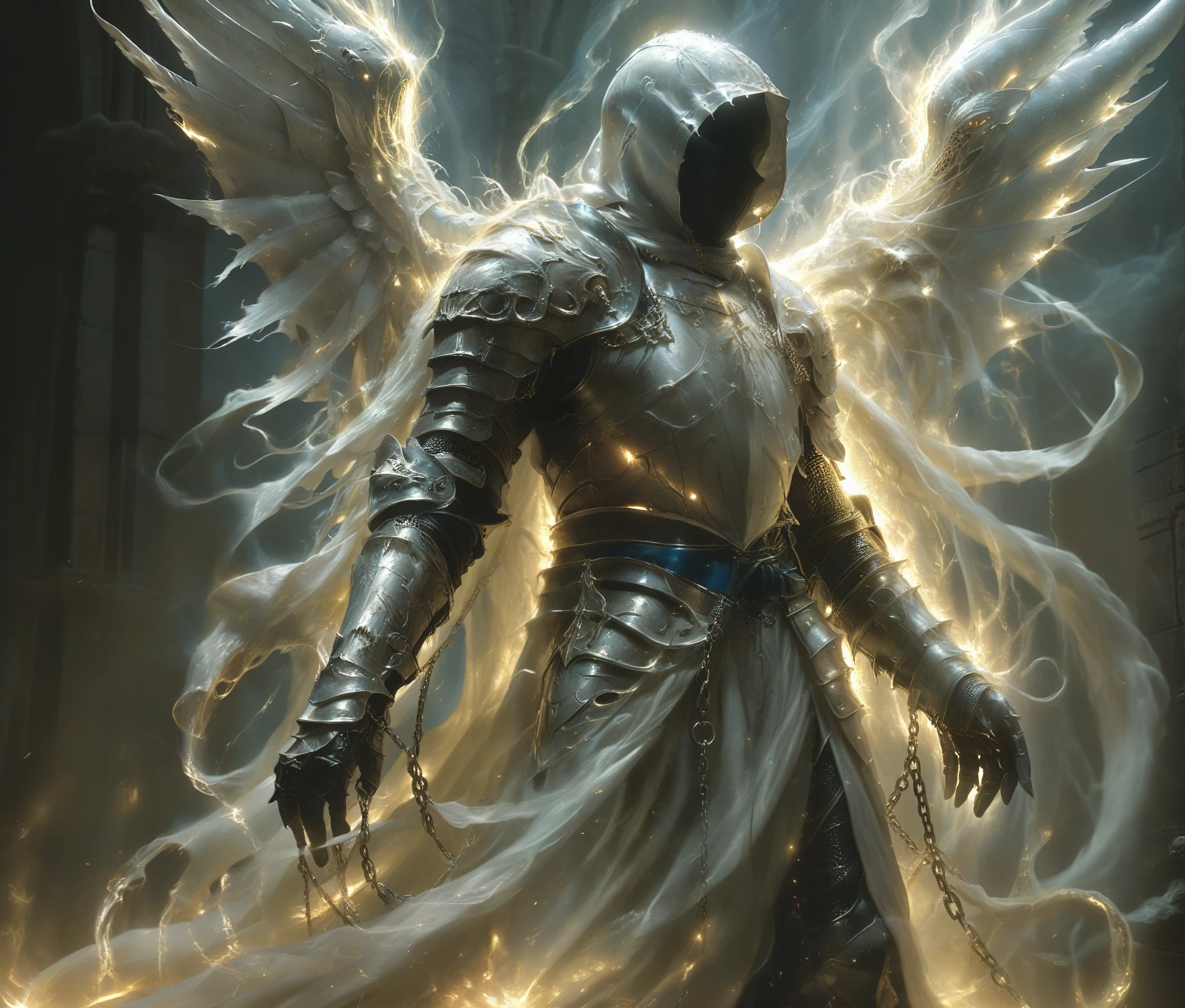 soul knight, diablo 2, archangel Tyrael in full armor and (long shining tentacle_like wings:1.8), (illuminating sword:1.6), (chained hood:1.8), full body, (from front:2), looking at viewer, in background a detailed cathedral, dark atmosphere, 