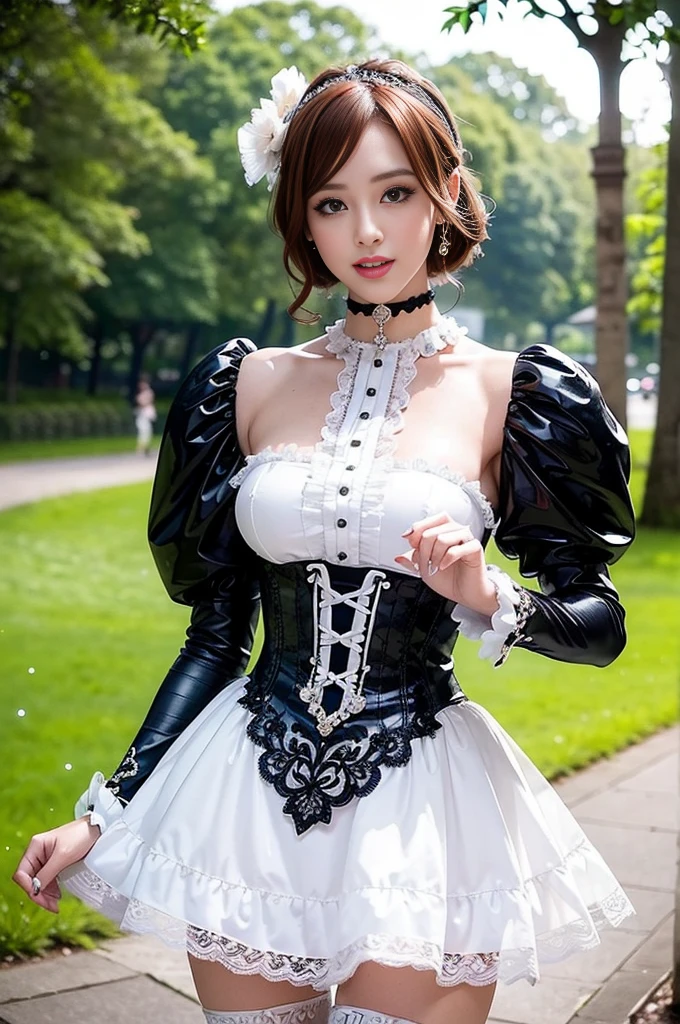 nsfw, sexy stylish Thai model, only 1 female, ((doll-like appearance)), short Mahogany stylish hair, ((shiny Victorian-Style boots)), (big smile), ultra detailed eyes, vivid eye makeup, lipgloss, long lashes, defined eyebrows, ((sexy Paradise Kiss cosplay)), bell-shaped skirt, petticoats, high neckline, puffed sleeves, ((ultra detailed lace)), ((ultra detailed embroidery)), intricate details, Paradise Kiss accessoires and matching headpiece, choker, ((large sparkling Paradise Kiss jewelry)), cinematic light, detailed large park background with trees