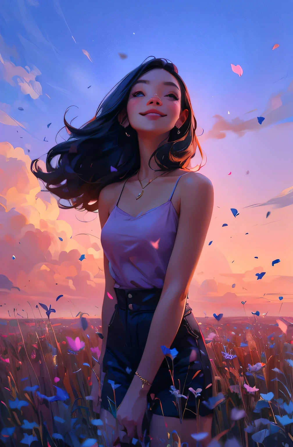 award winning digital art, half body portrait of a beautiful woman in a pink cami and cargo pants with navy blue teal hairstyle with head in motion and long hair flying, big smile, Happy, sexy, in a flower field, golden sunset, particles dust, glitter, paint splashes, splatter, outrun, vaporware, shaded flat illustration, digital art, trending on artstation, highly detailed, fine detail, intricate